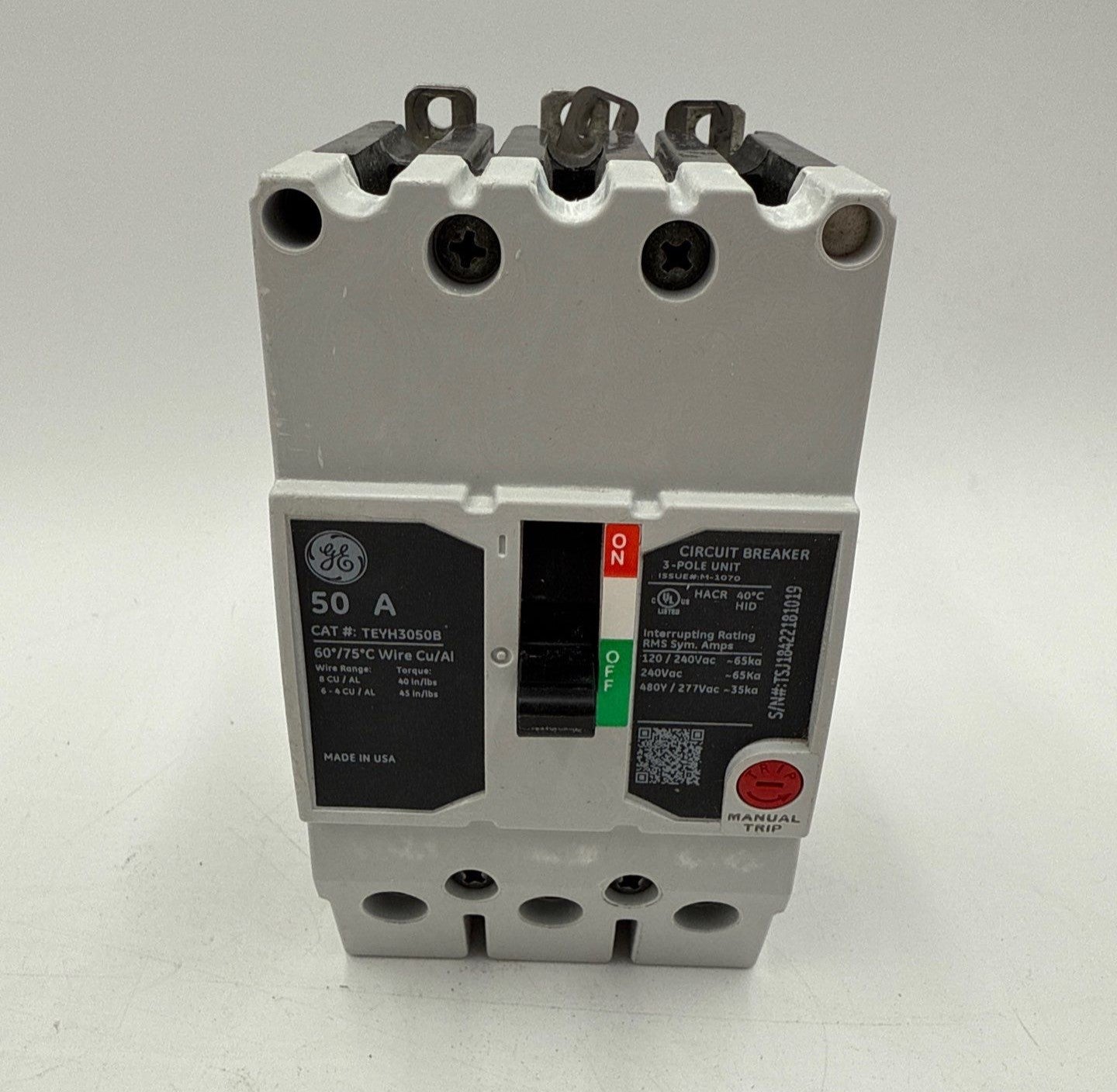 GE TEYH3050B Circuit Breaker 50A 3P 480/277V TEYH 50 Amp 3 Pole Bolt On Used