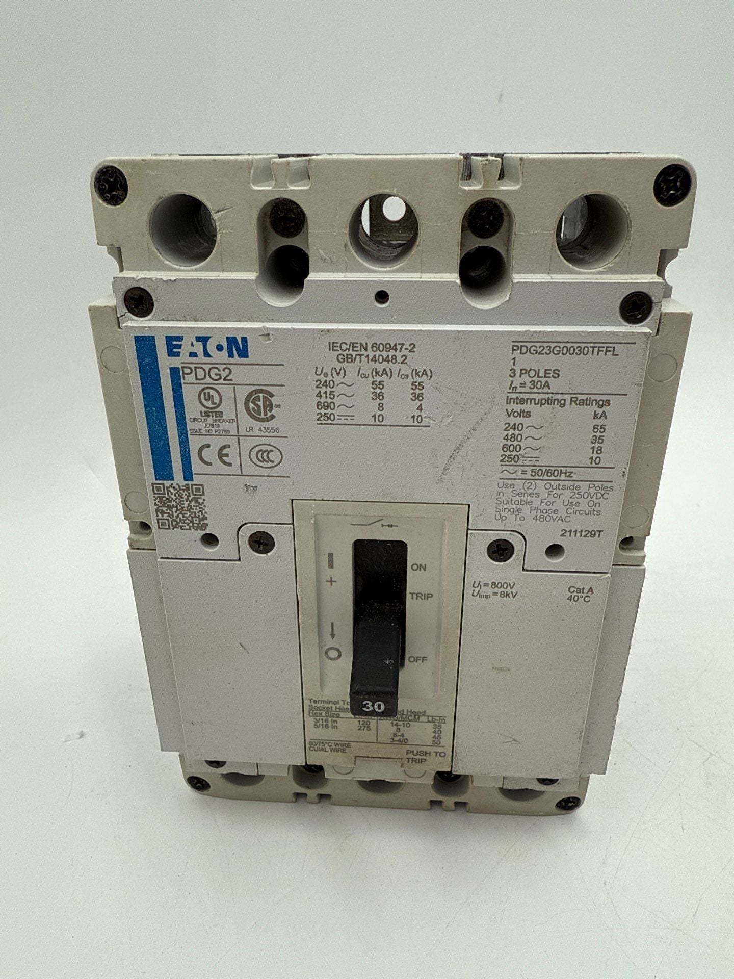 Eaton PDG23G0030TFFL Circuit Breaker 30A 600V 3P Bolt On 30 Amp 3 Pole PDG2 Used