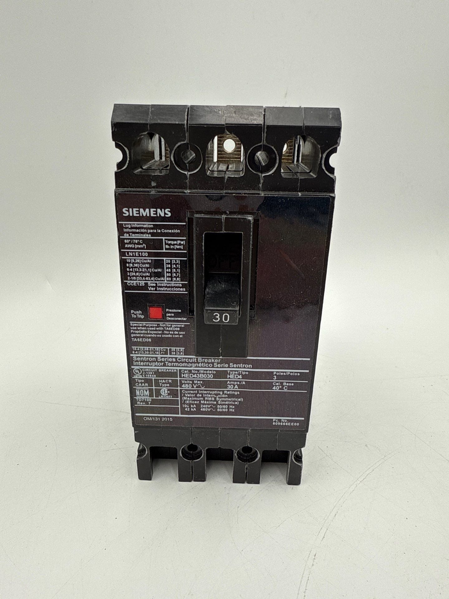 Siemens HED43B030 Circuit Breaker 30A 3P 480V 3PH 30 Amp 3 Pole HED4 Bolt On Used