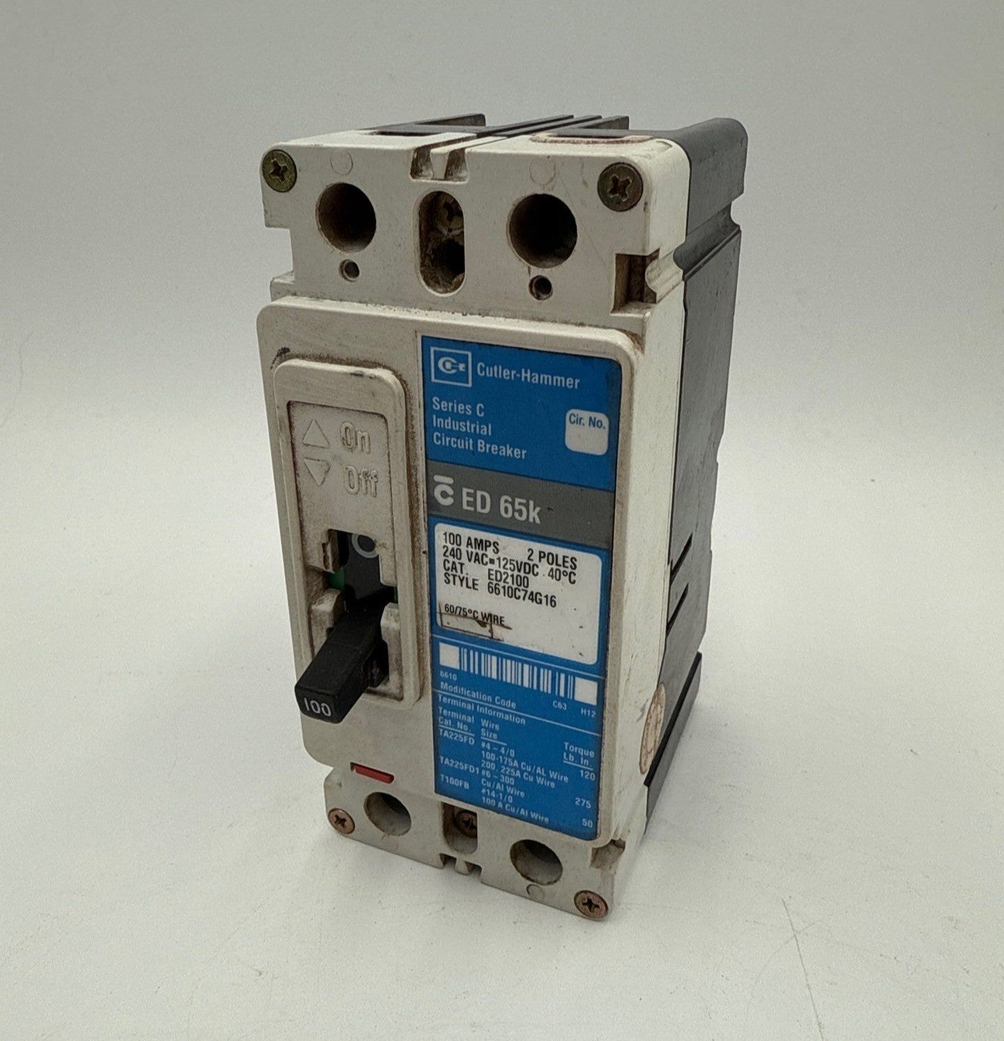 Cutler Hammer ED2100 Circuit Breaker 100A 2P 240V ED 65k 100 Amp 2 Pole Used