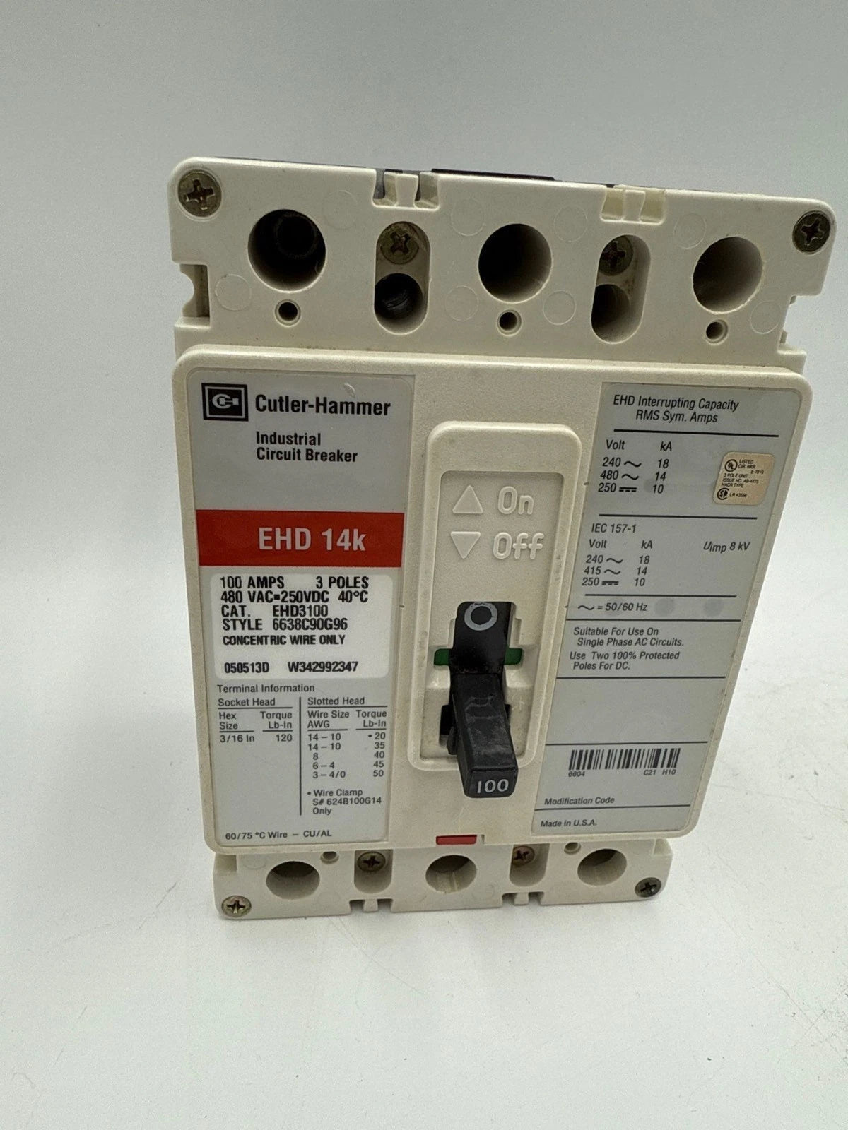 Cutler Hammer EHD3100 Circuit Breaker 100A 3P 480V 3PH EHD 100 Amp 3 Pole Used Used