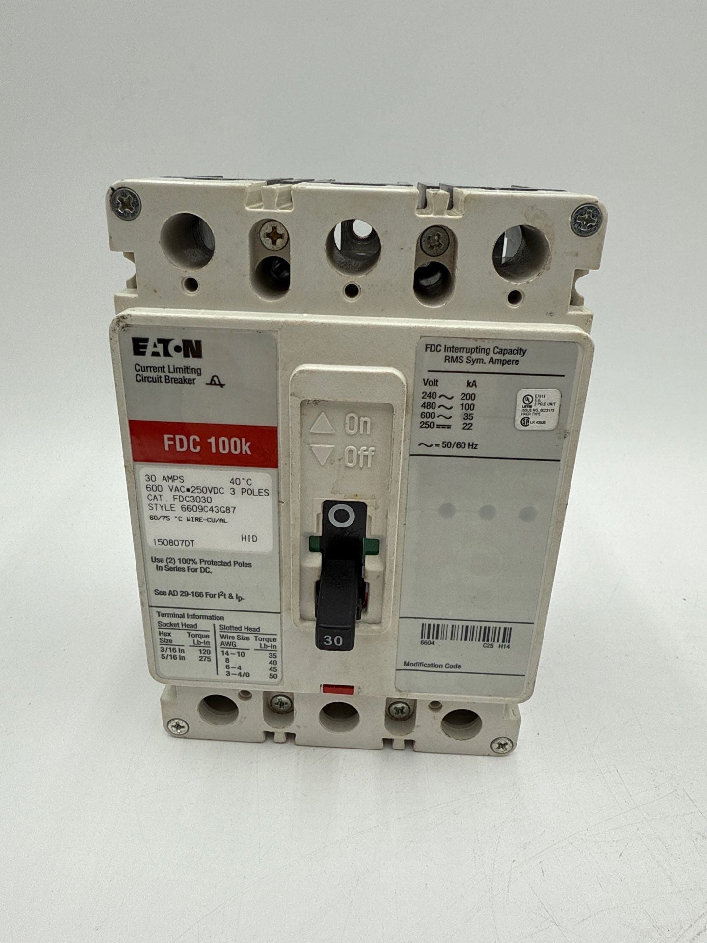 Eaton FDC3030 Circuit Breaker 30A 3P 600V FDC 100k 30 Amp 3 Pole Bolt On Used