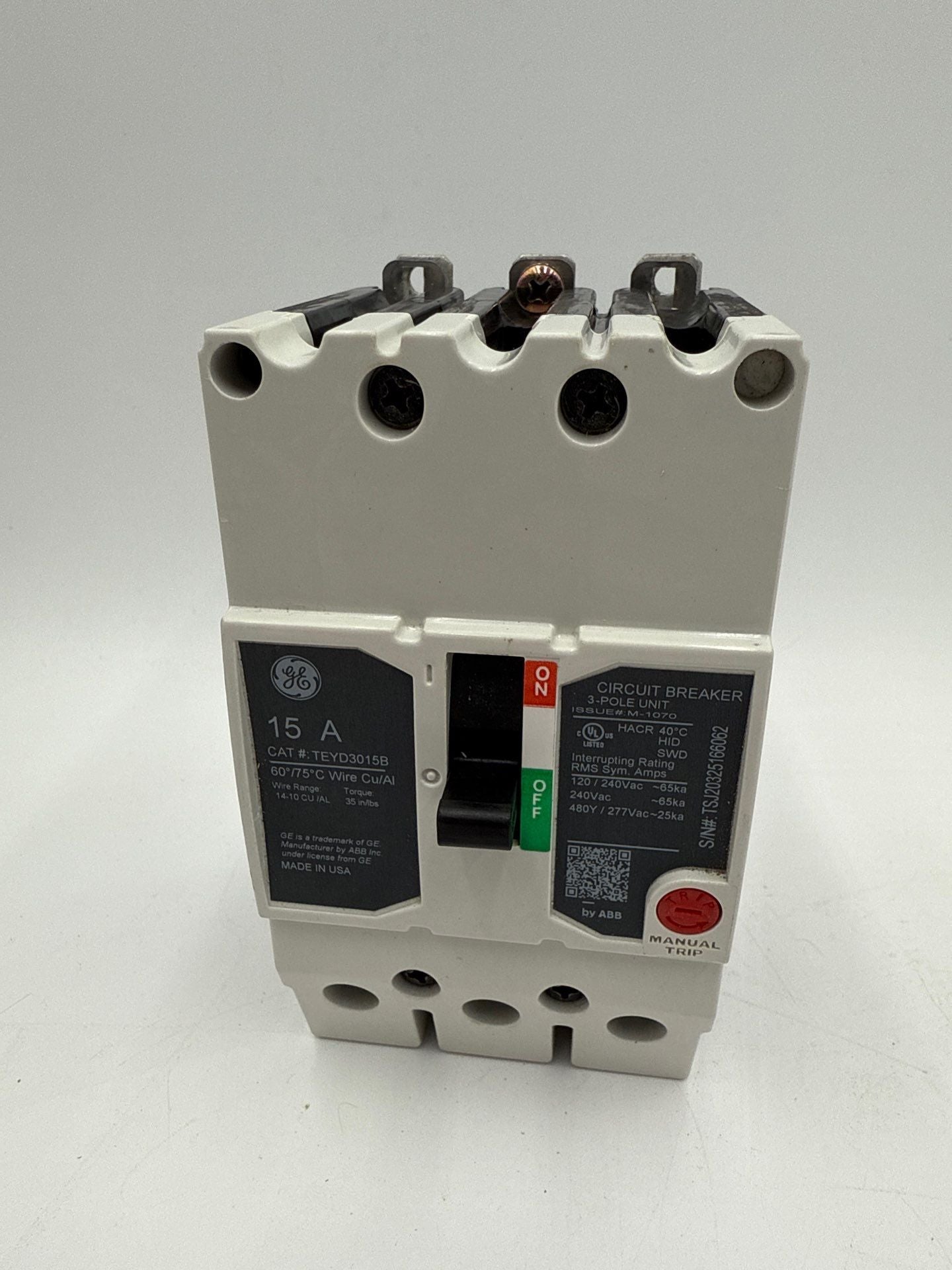 GE TEYD3015B Circuit Breaker 15A 3P 480/277V 3PH TEYD 15 Amp 3 Pole Bolt On Used