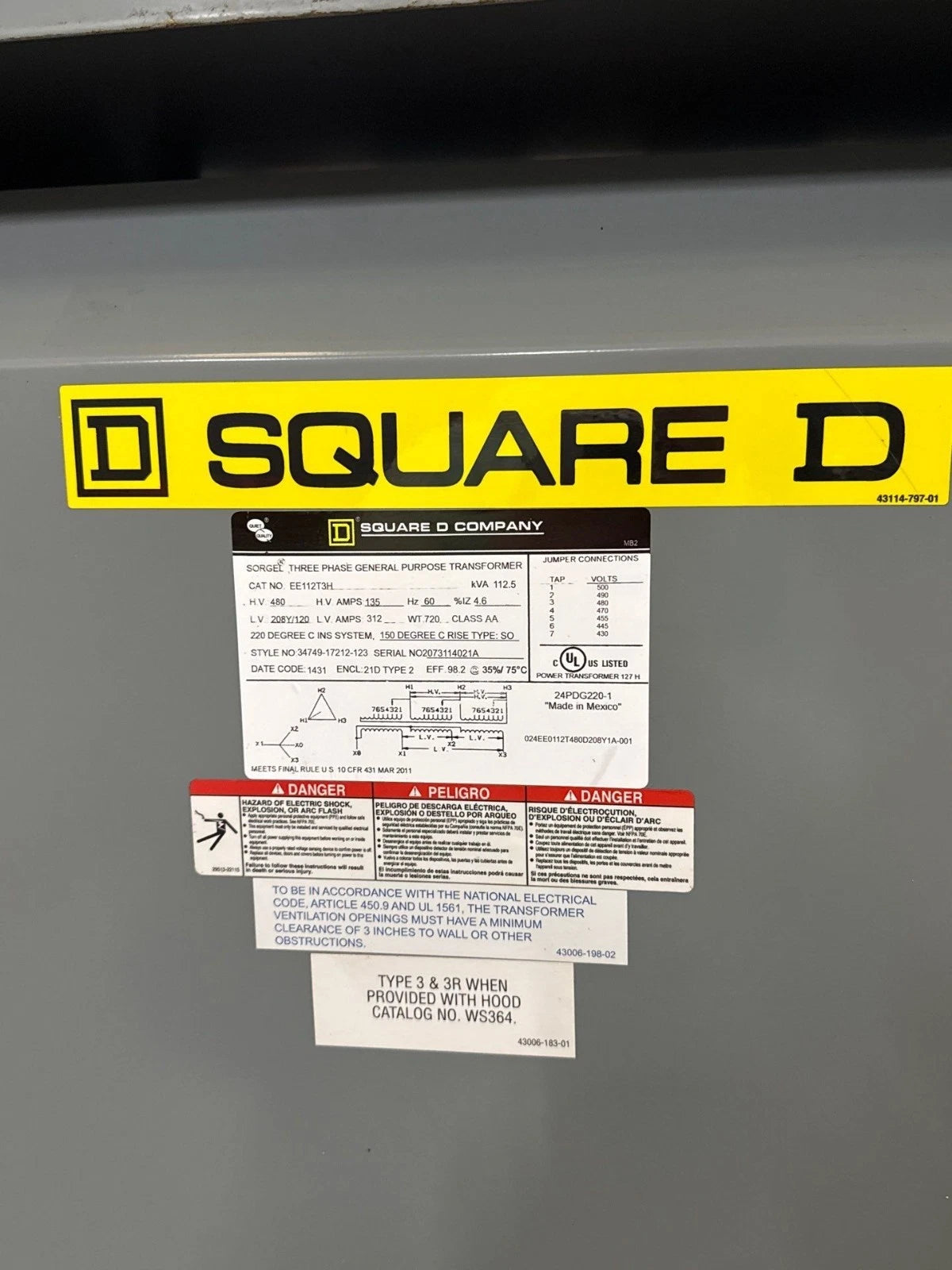 112.5KVA Square D EE112T3H Transformer Pri 480V Sec 208Y/120V Indoor 3PH T280 Used