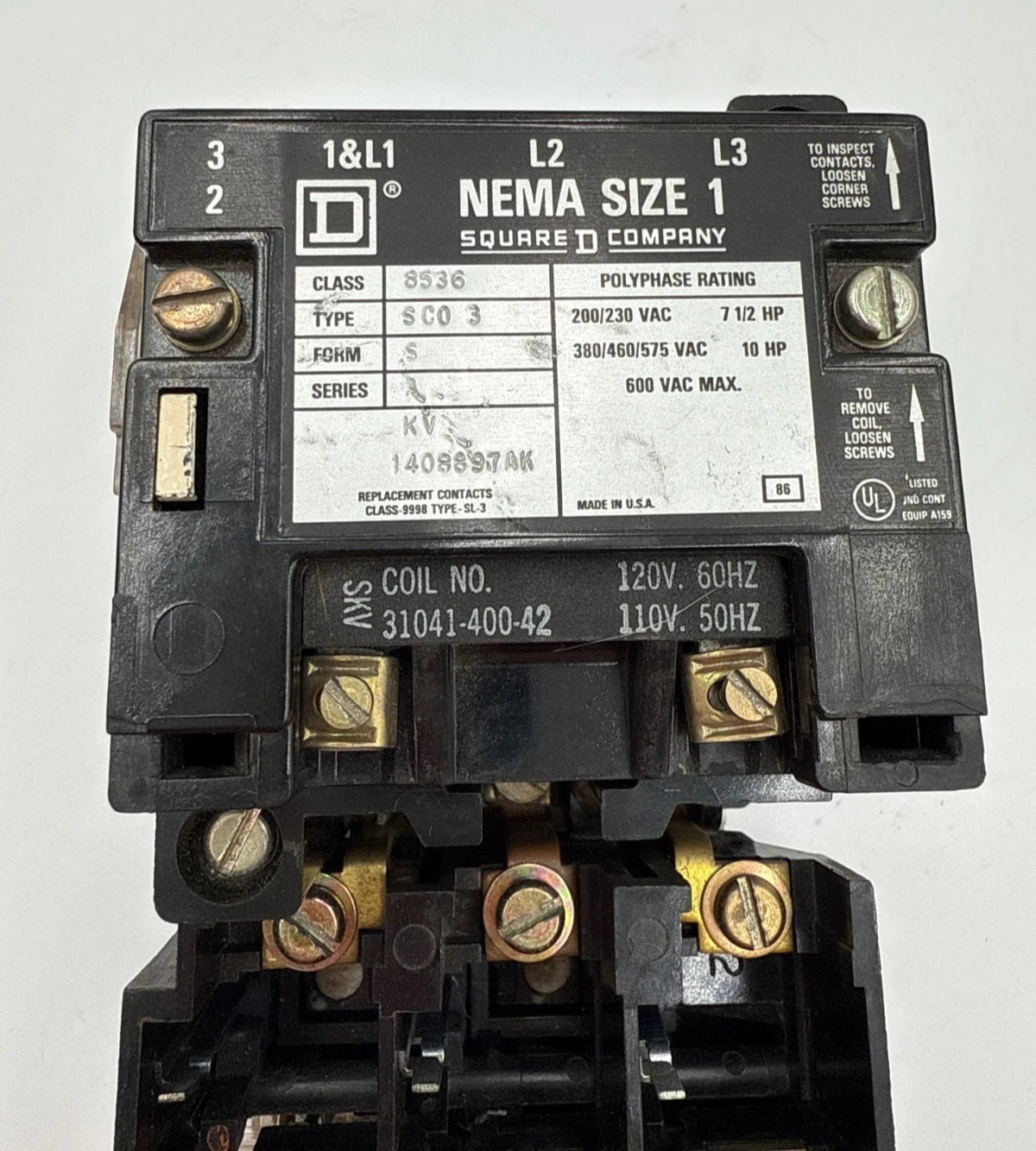 Square D 8536 SCO3 S NEMA Size 1 Starter 27A 10HP 3P 600V Coil 110/120V 8536SC03 Used