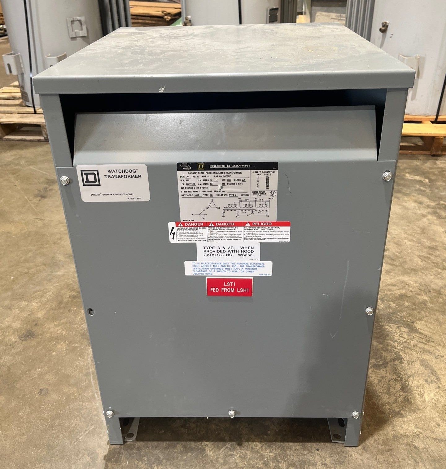 30kVA Square D 30T3HF Sorgel Transformer 3PH Pri 480V Sec 208/120V ST103