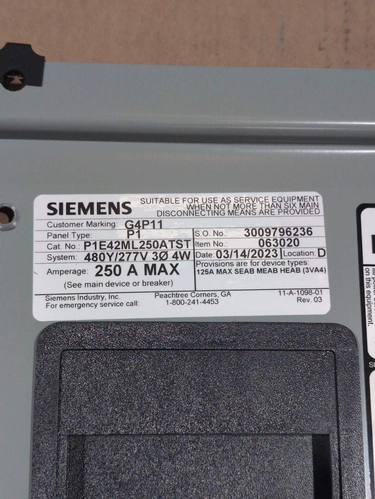 Siemens P1 Panelboard 250A 480/277V 3PH MLO Panel 250 Amp 42 Cir P1E42ML250ATST New