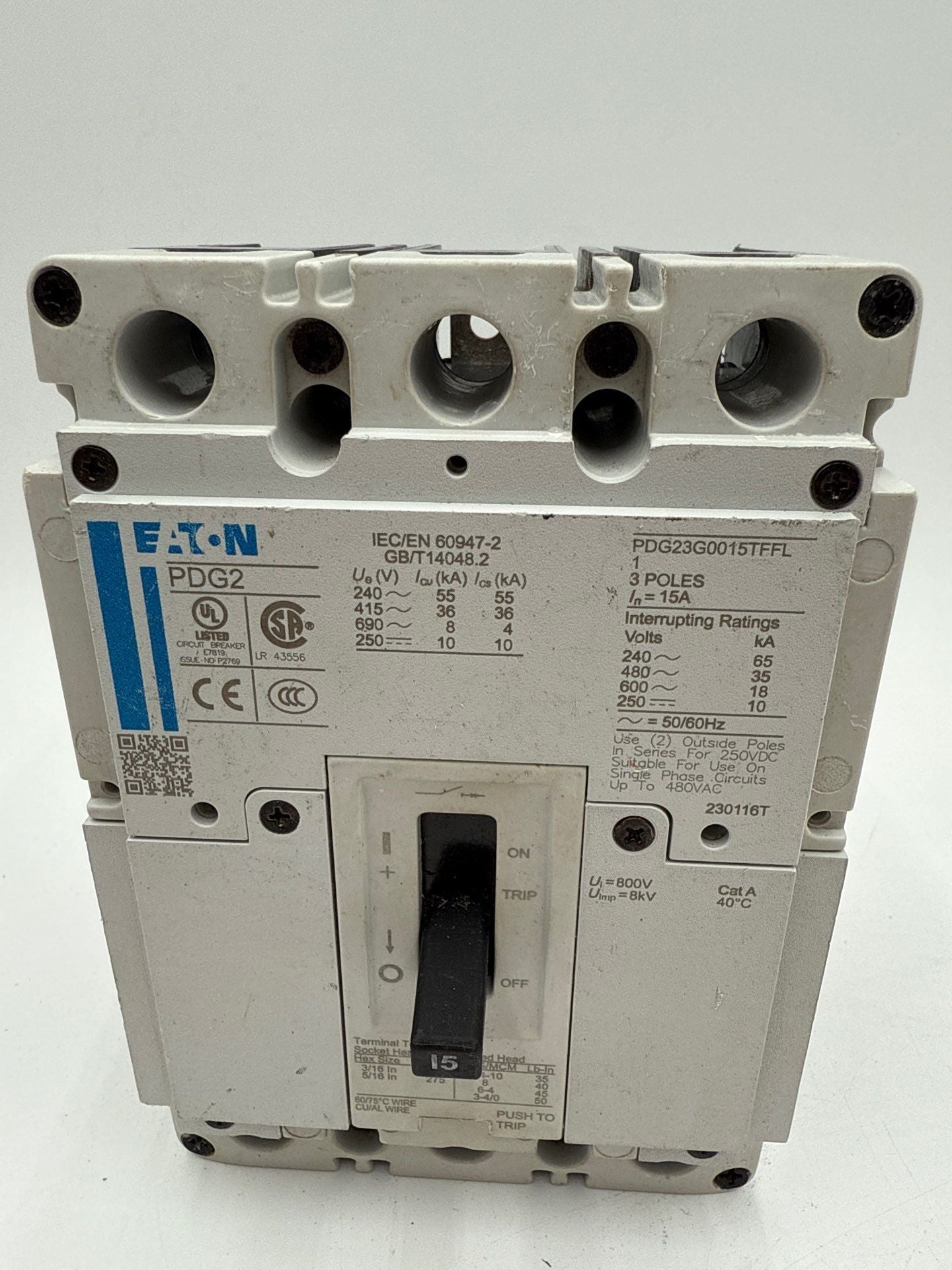 Eaton PDG23G0015TFFL Circuit Breaker 15A 600V 3P Bolt On 15 Amp 3 Pole Used