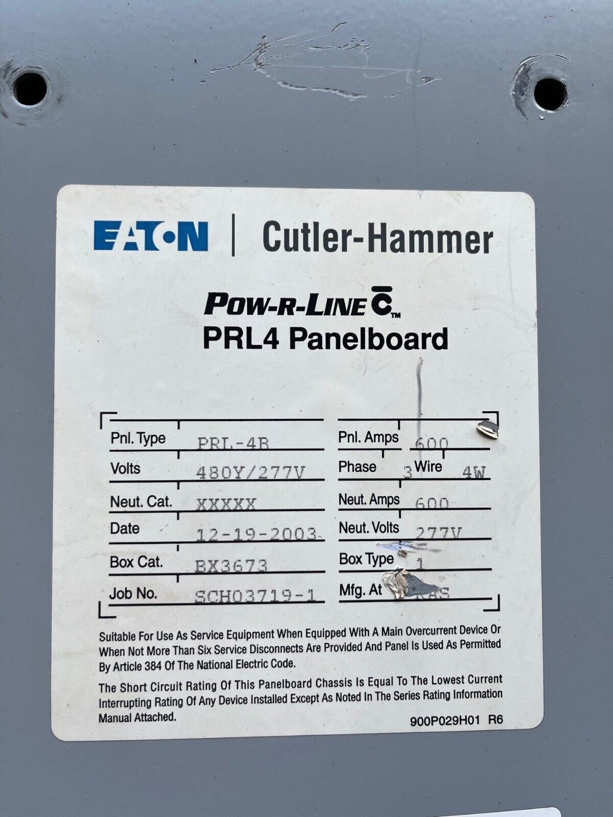 Eaton PRL4B Panelboard 600A 480Y/277V 3PH 4W MLO PRL4 Indoor BX3673 600 Amp P664 Used