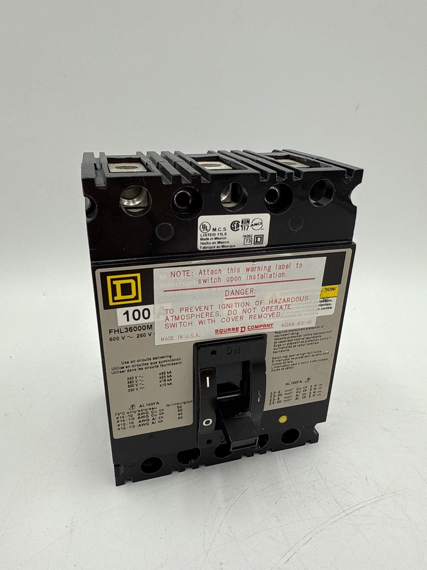 Square D FHL36000M Circuit Breaker 100A 3P 600V 3PH FHL 3 pole 100 Amp Used