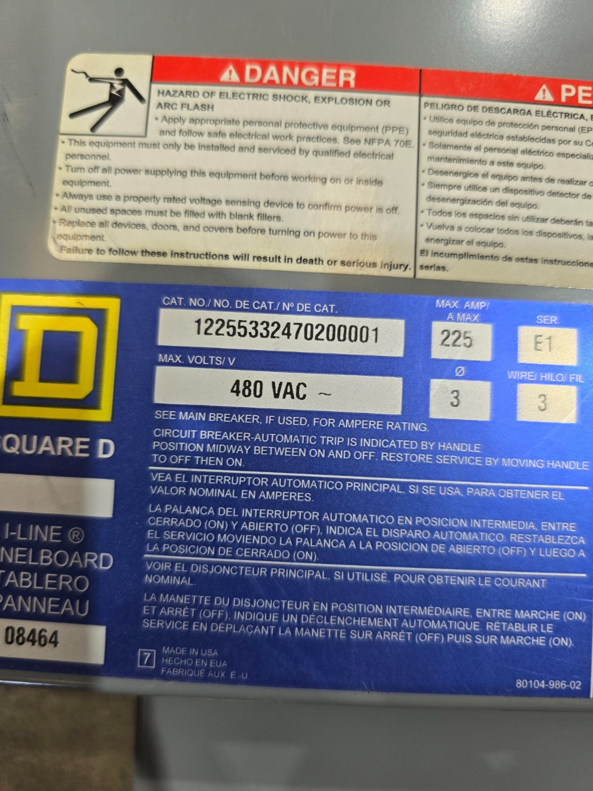 Square D I-Line Panel 225A 480V 3PH 3W MCB Panelboard 225 Amp JJA36225 3R Encl Used