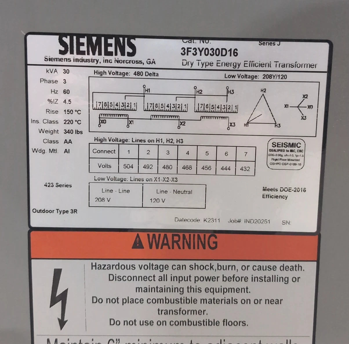 30KVA Siemens 3F3Y030D16 Transformer Pri 480V Sec 208/120V 3PH 3R Encl Outdoor New