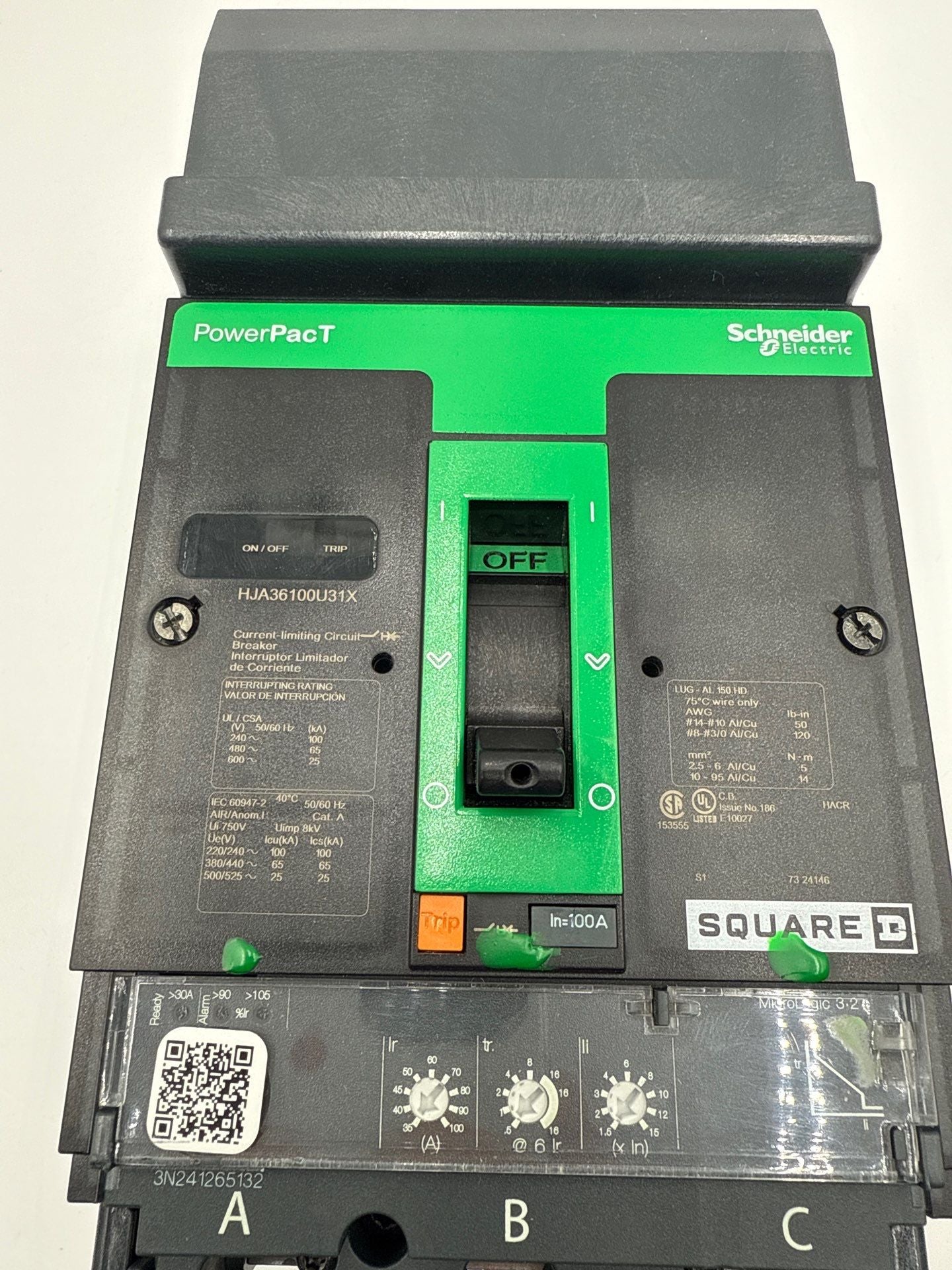 Square D HJA36100U31X I-Line Circuit Breaker 100A 3P 600V HJA Used