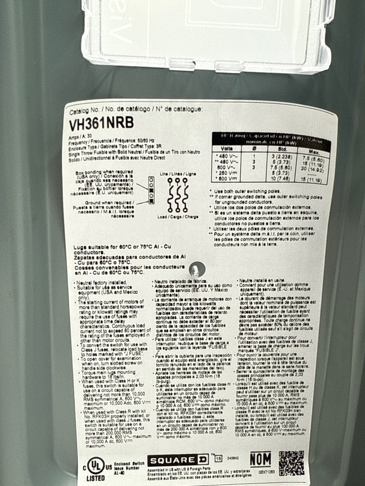 Square D VH361NRB Safety Disconnect Switch 30A 3P 600V Indoor Encl 30 Amp 3 Pole New