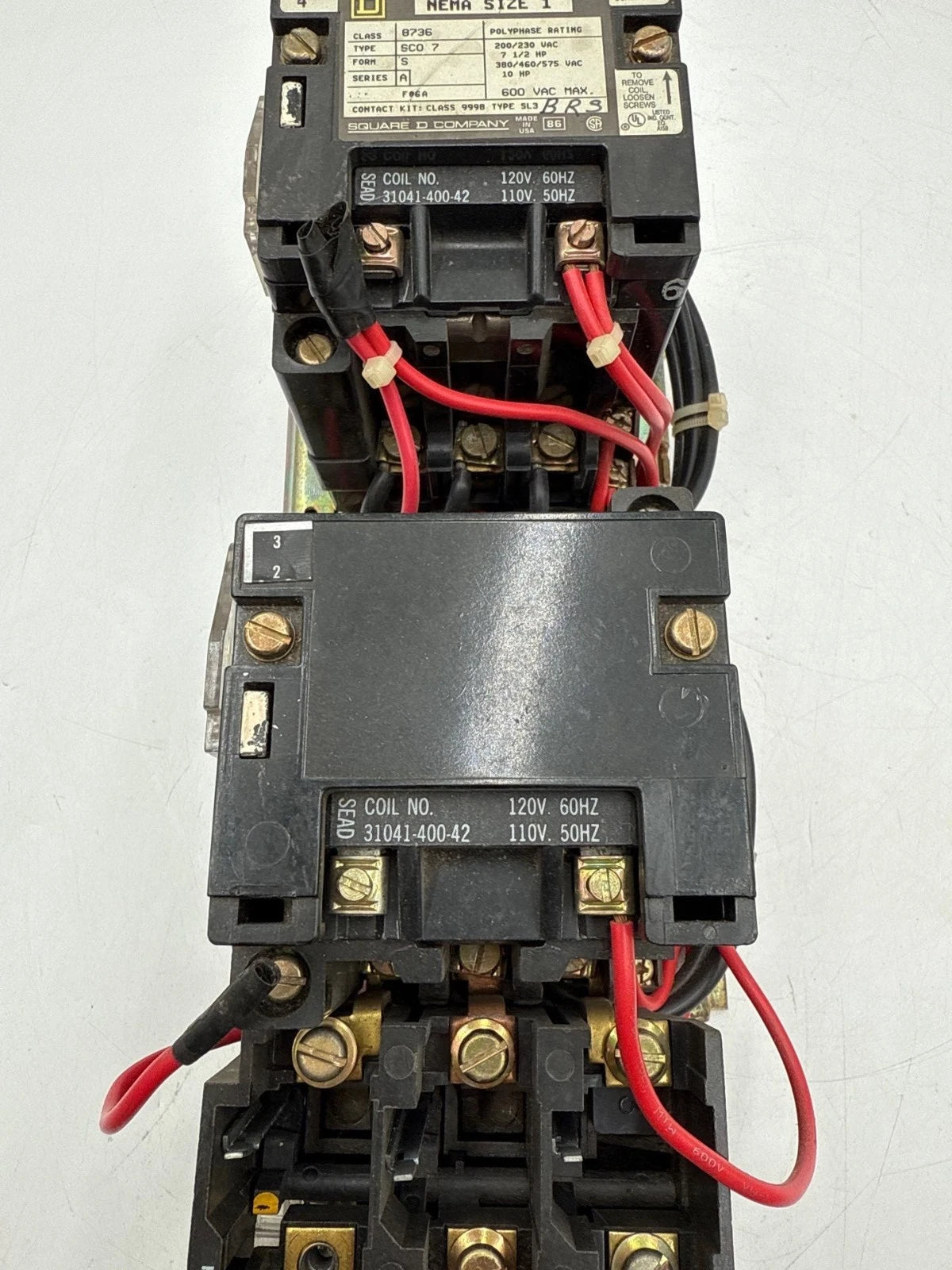 Square D 8736 SC07 Reversing Starter NEMA Size 1 27A 3P 600V 10HP Coil 110/120V Used