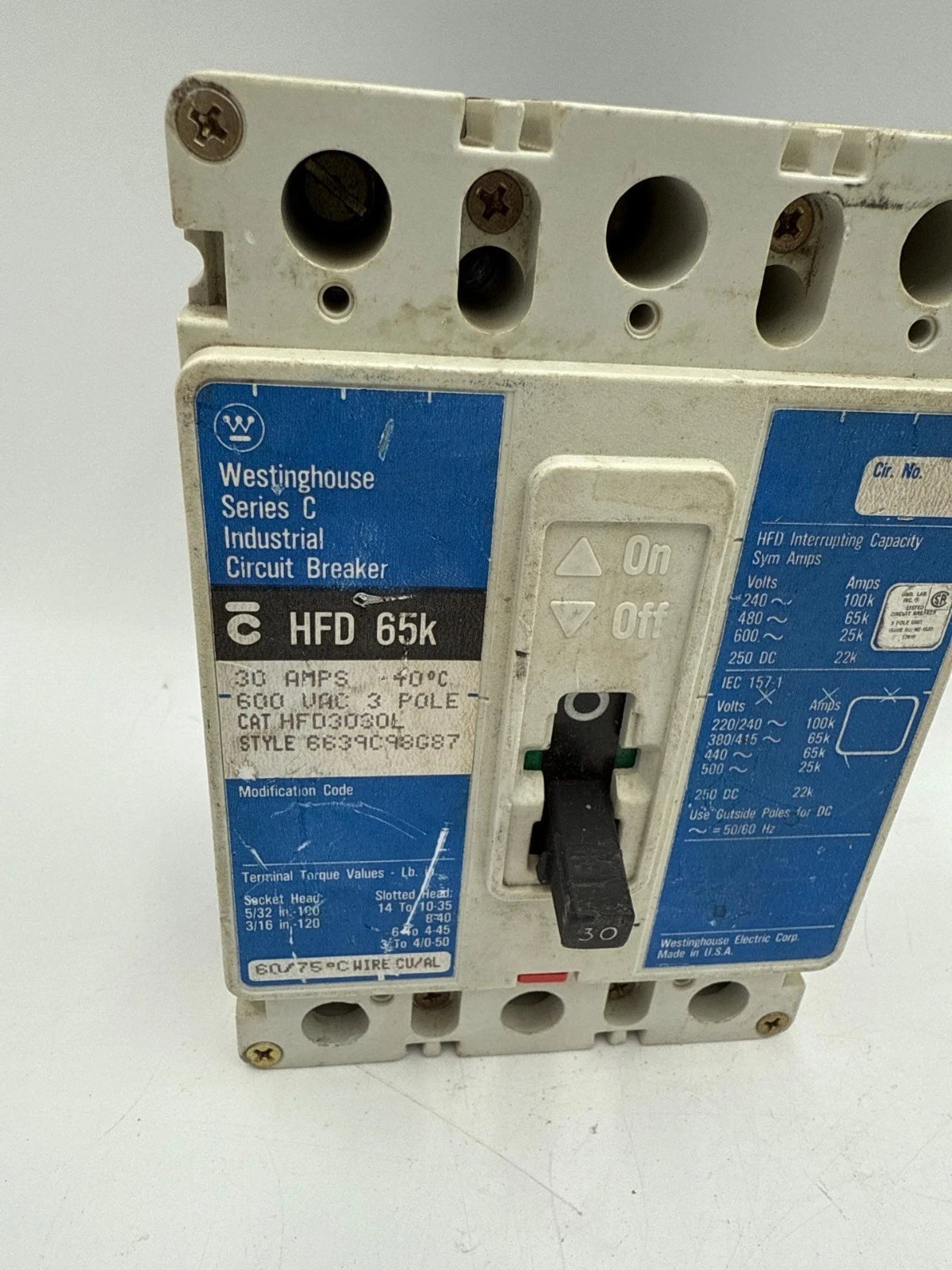 Westinghouse HFD3030L Circuit Breaker 30A 3P 600V 3PH HFD Bolt On 30 Amp 3 Pole Used
