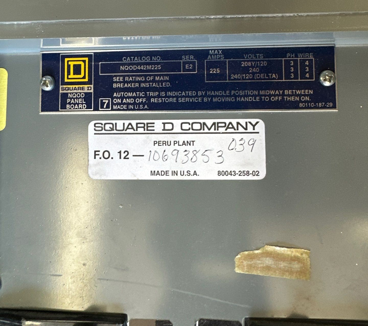Square D NQOD442M225 NQOD Panelboard 225A 208Y/120V 3PH 42Cir P326 Used