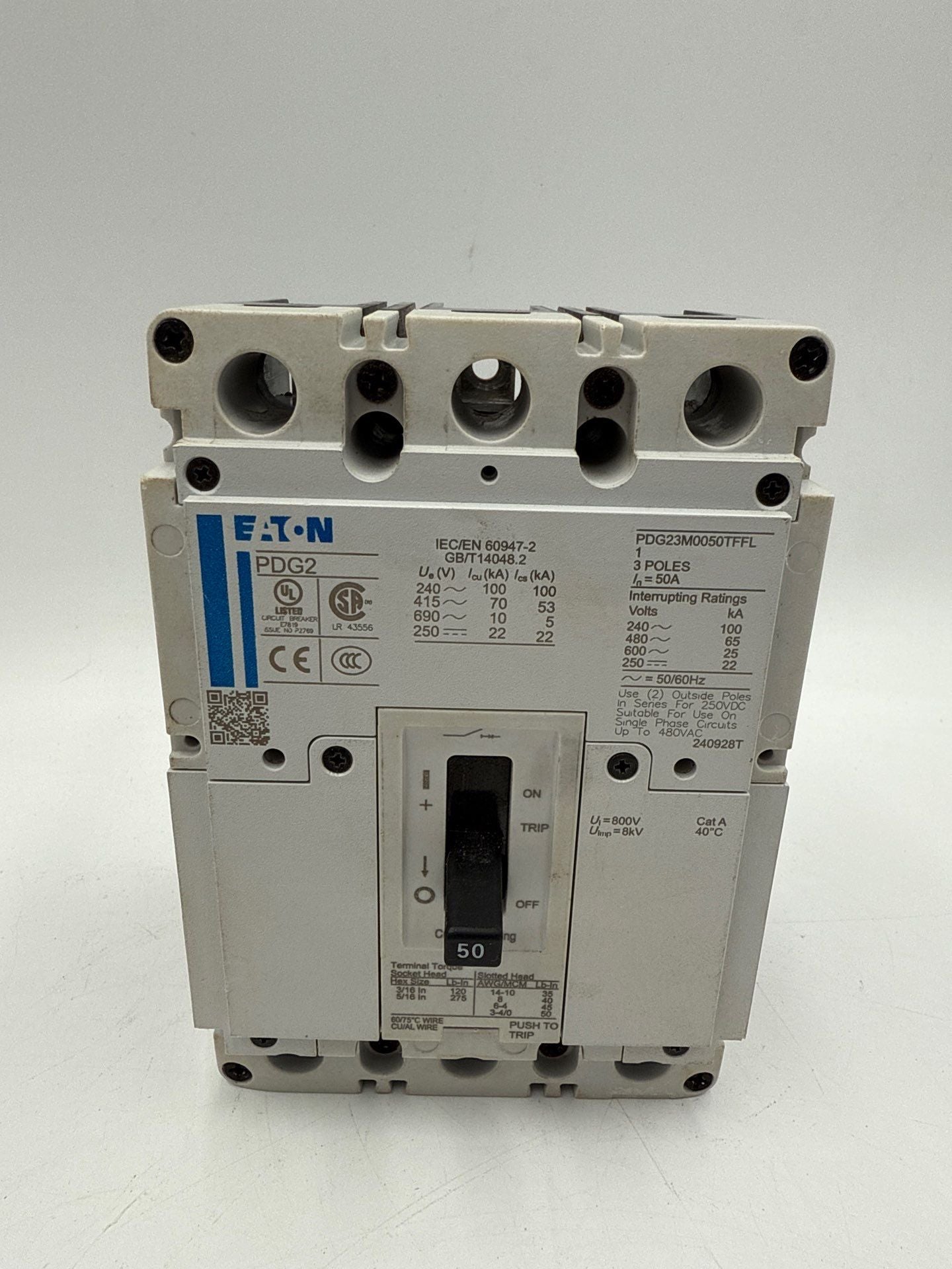 Eaton PDG23M0050TFFL Circuit Breaker 50A 600V 3P Bolt On 50 Amp 3 Pole Used