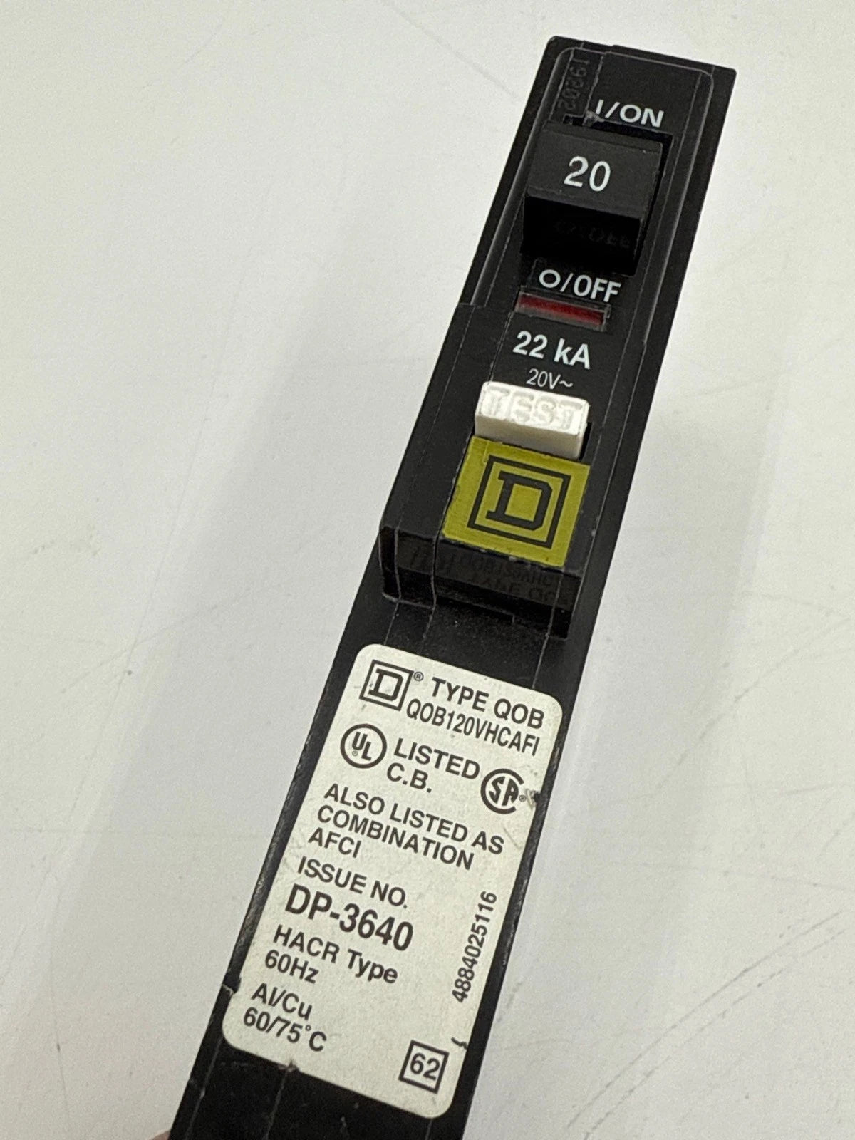 Square D QOB120VHCAFI Circuit Breaker 20A 1P 120V 1PH QOB 20 Amp 1 Pole 22kA Used