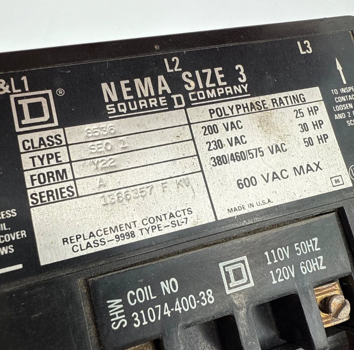 Sq D 8536SEO1S Y22 Contactor 90A 3P 600V NEMA Size 3 Coil 110/120V 31074-400-38 Used