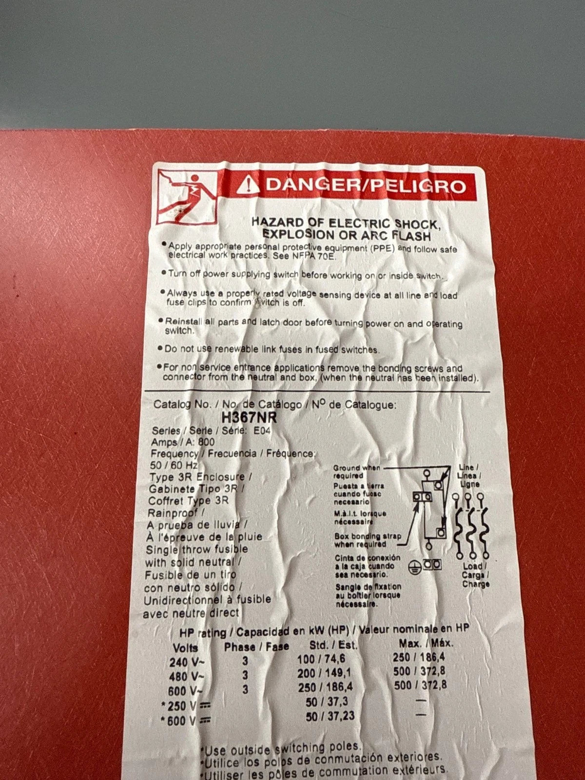 Square D H367NR Safety Disconnect Switch 800A 3P 600V 3PH 3R Outdoor 800 Amp Used