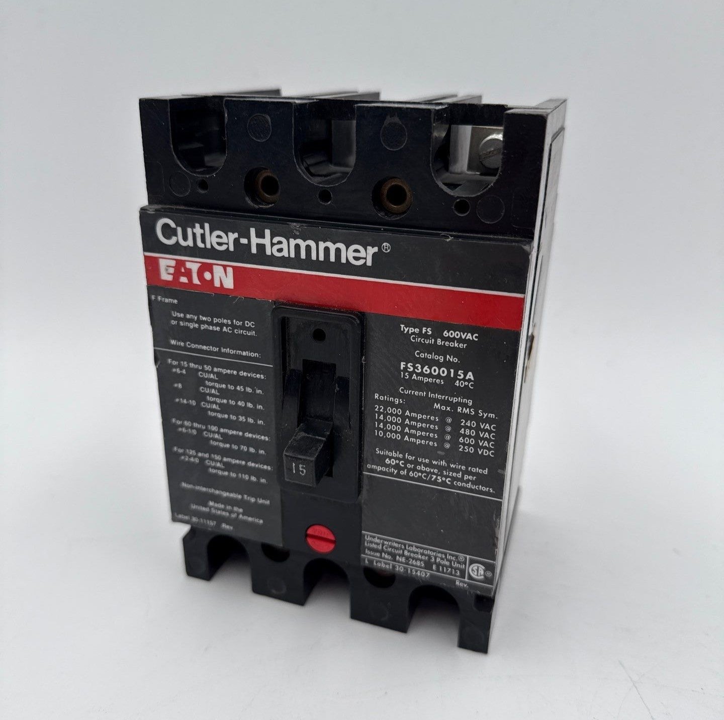 Cutler-Hammer FS360015A Circuit Breaker 15A 3P 600V FS 15 Amp 3 Pole Used