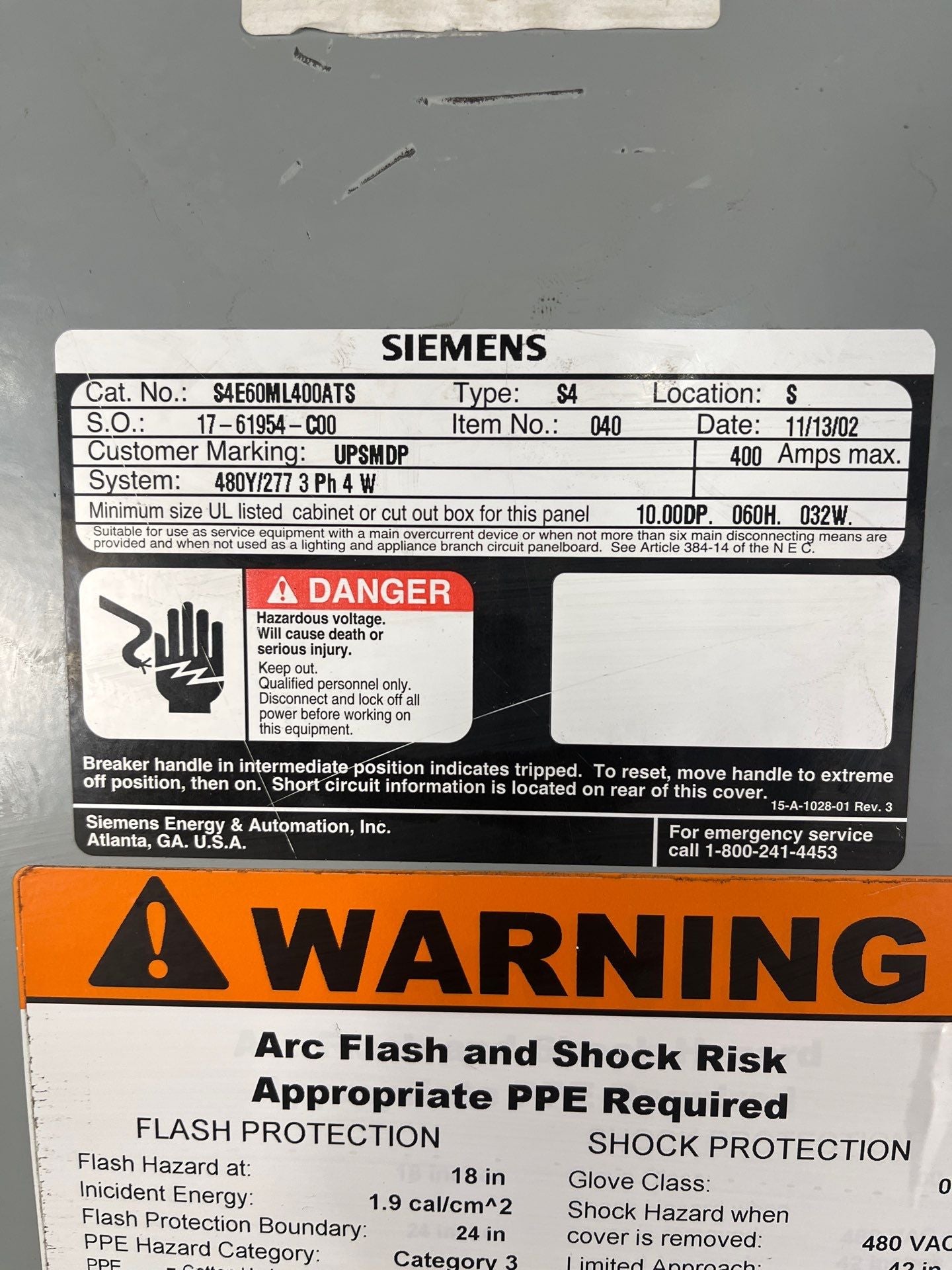 Siemens S4E60ML400ATS S4 Panelboard 400A 480/277V 3PH 4W MLO Indoor Encl B60 Used