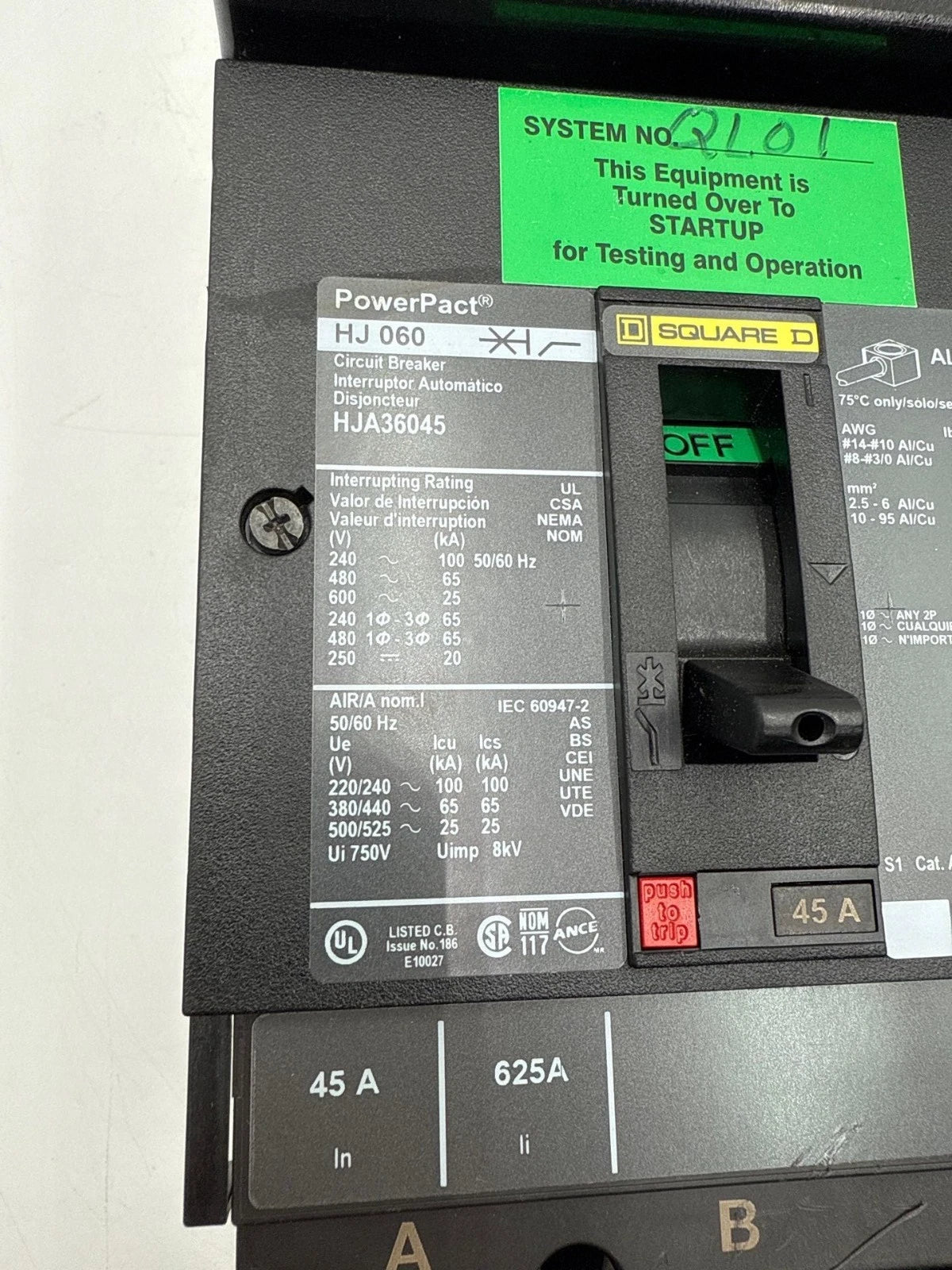 Square D HJA36045 I-Line Circuit Breaker 45A 3P 600V 3PH HJA 45 Amp 3 Pole Used