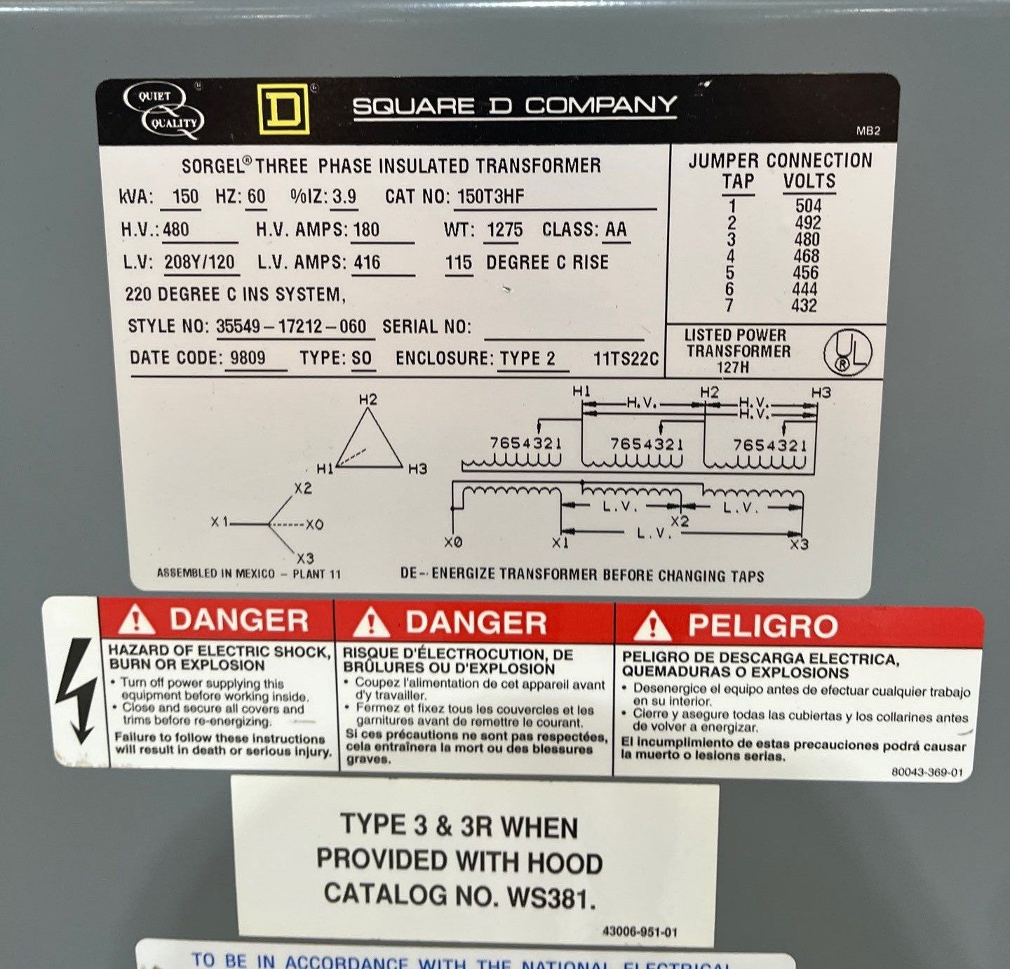 150 kVA Square D 150T3H Sorgel Transformer 3PH Pri 480V Sec 208/120V ST106 Used