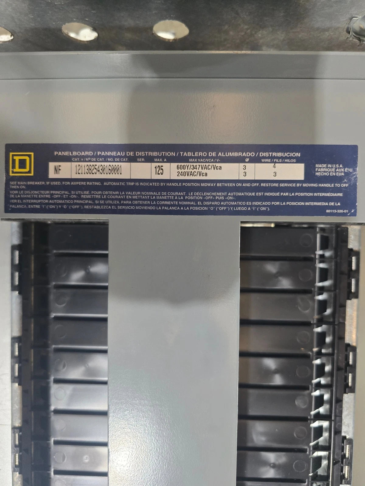Square D NF Panelboard 125A 600/347V 3PH 4W 30 Cir MCB 100 Amp Panel EDB34100SA Used