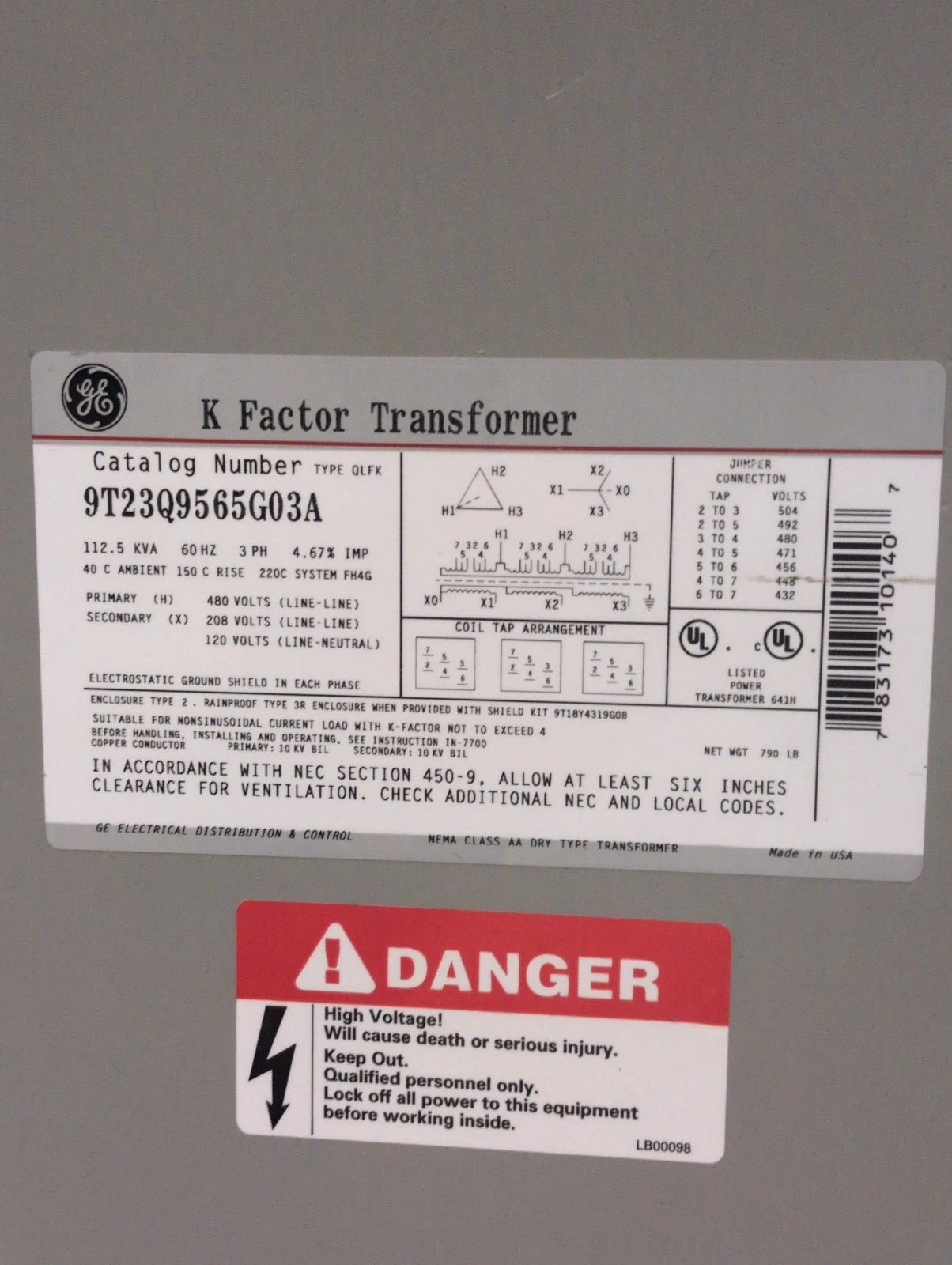 112.5KVA GE 9T23Q9565G03A Transformer 3PH Pri 480V Sec 208/120V Indoor Encl Used