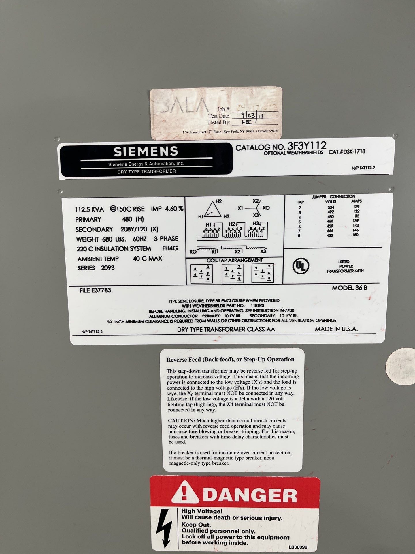 112.5kVA Siemens 3F3Y112 Transformer 3PH Pri 480V Sec 208/120V Indoor ST100 Used