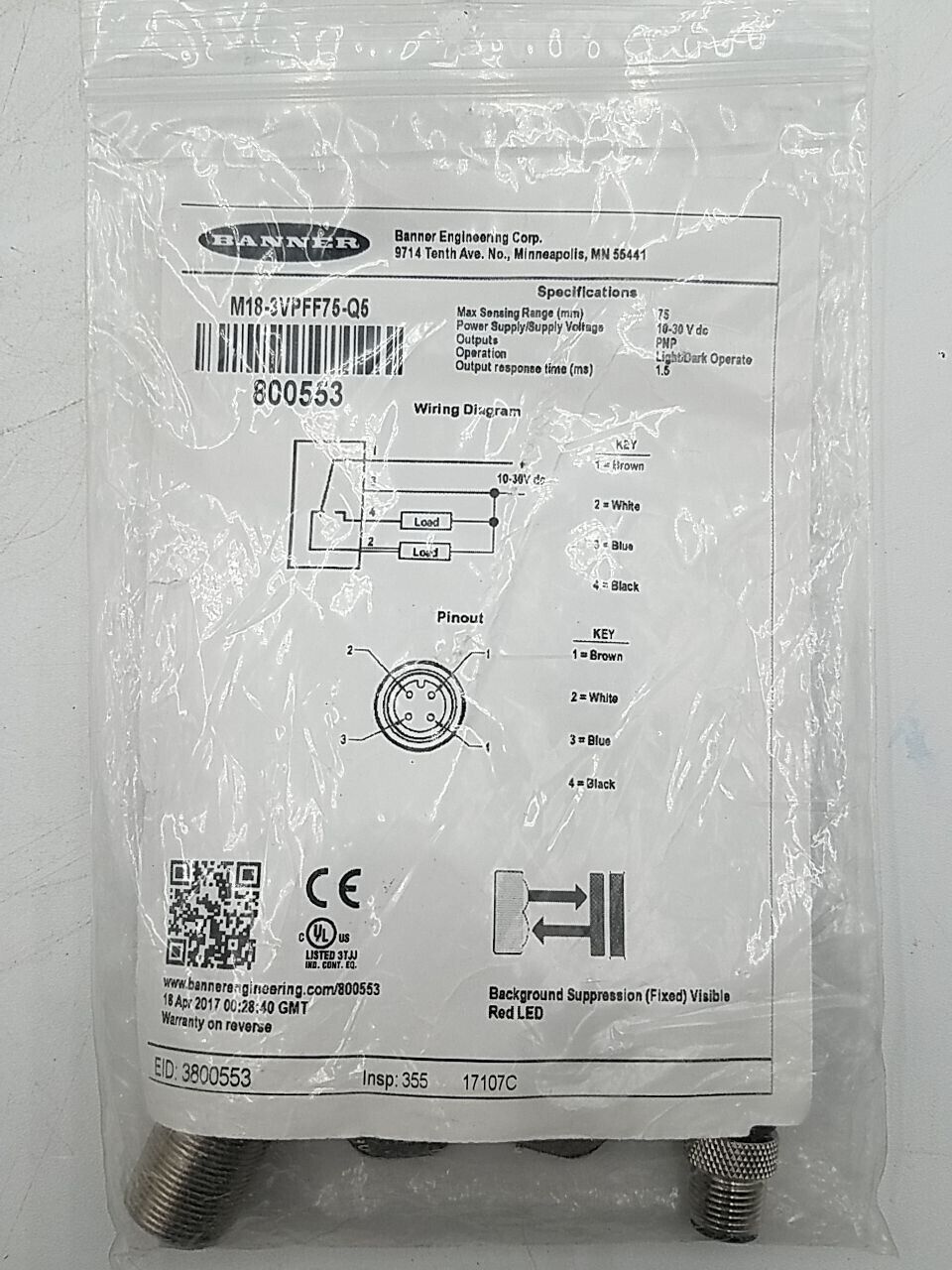 Banner Engineering M18-3VPFF75-Q5 New