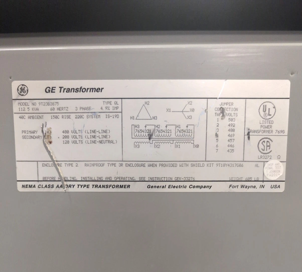 112.5KVA GE 9T23B3875 Transformer Pri 480V Sec 208/120V 3PH Indoor Encl Type QL Used