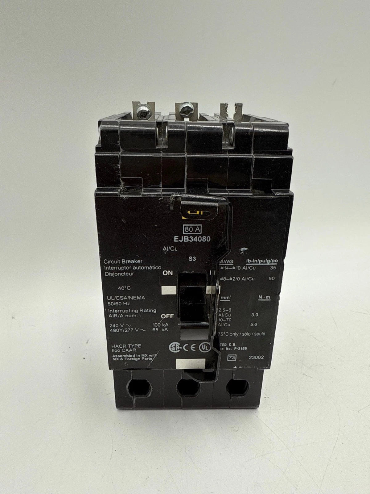 Square D EJB34080 Circuit Breaker 80A 3P 480/277V EJB Bolt On 80 Amp 3 Pole Used