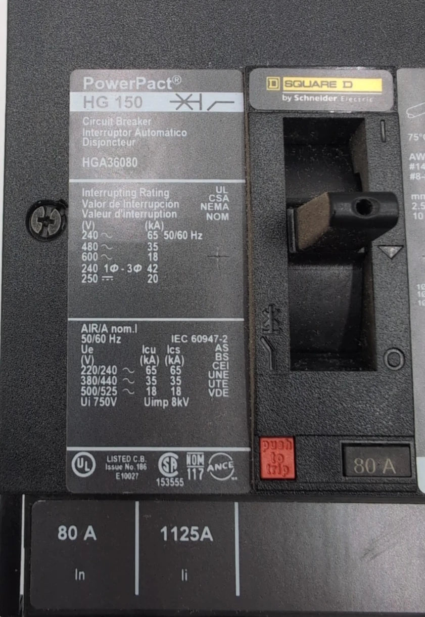 Square D HGA36080 I-Line Circuit Breaker 80A 3P 600V 3PH HGA 80 Amp New Take Out New