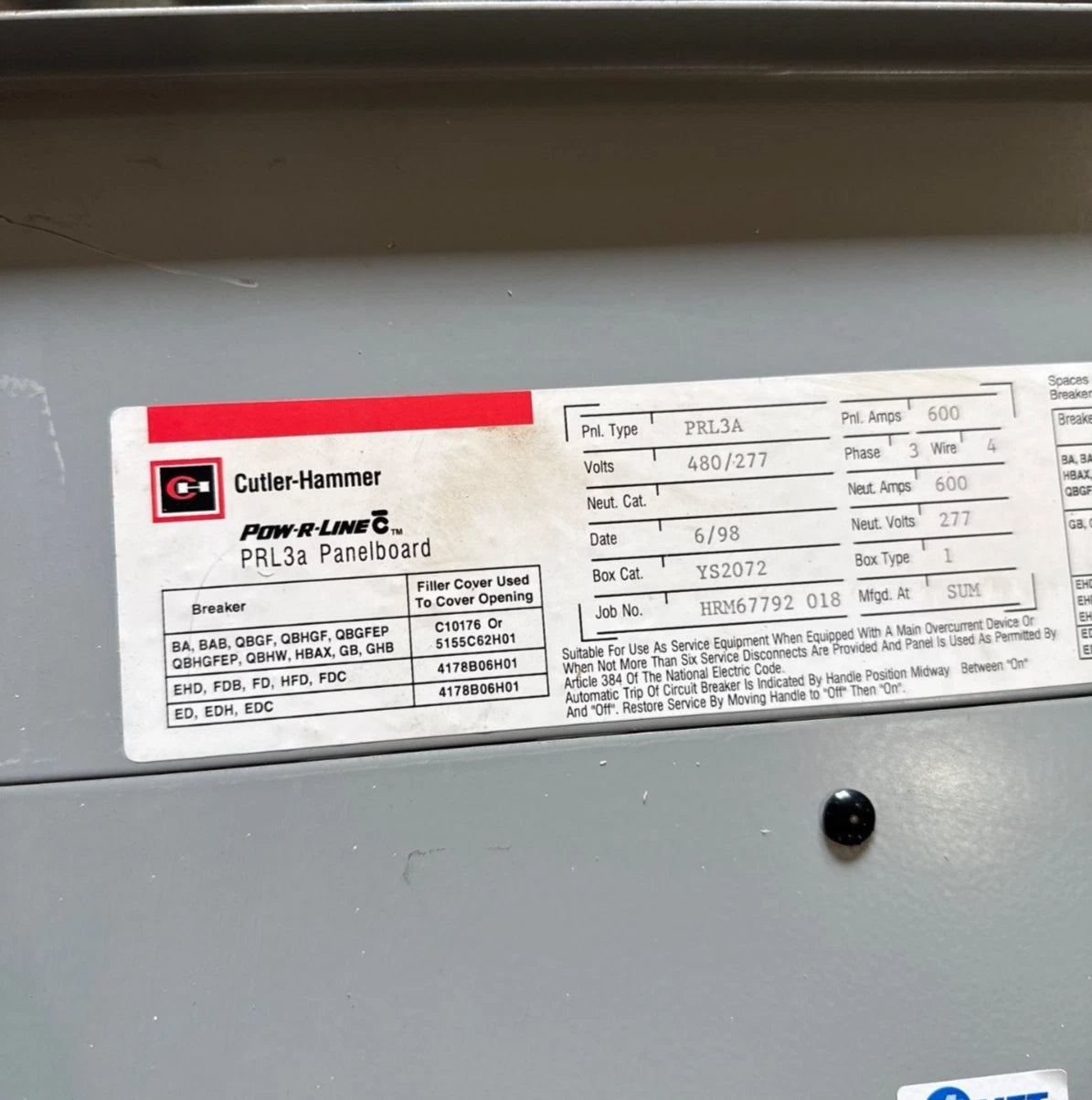 CH PRL3A Panelboard 600A 480/277V 3PH 4W MLO Panel 600 Amp Indoor YS2072 Used