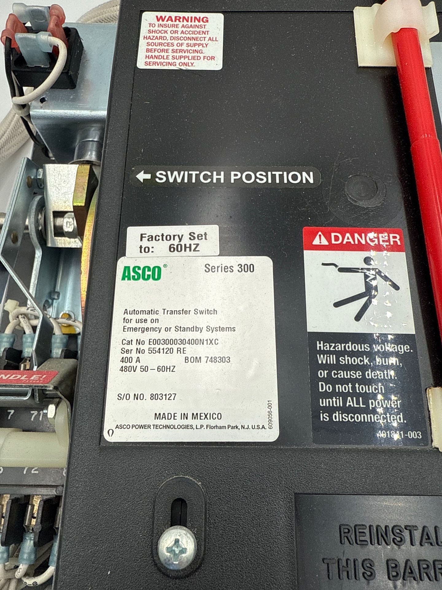 ASCO Series 300 Automatic Transfer Switch 400A 480V 50-60Hz E00300030400N1XC Used