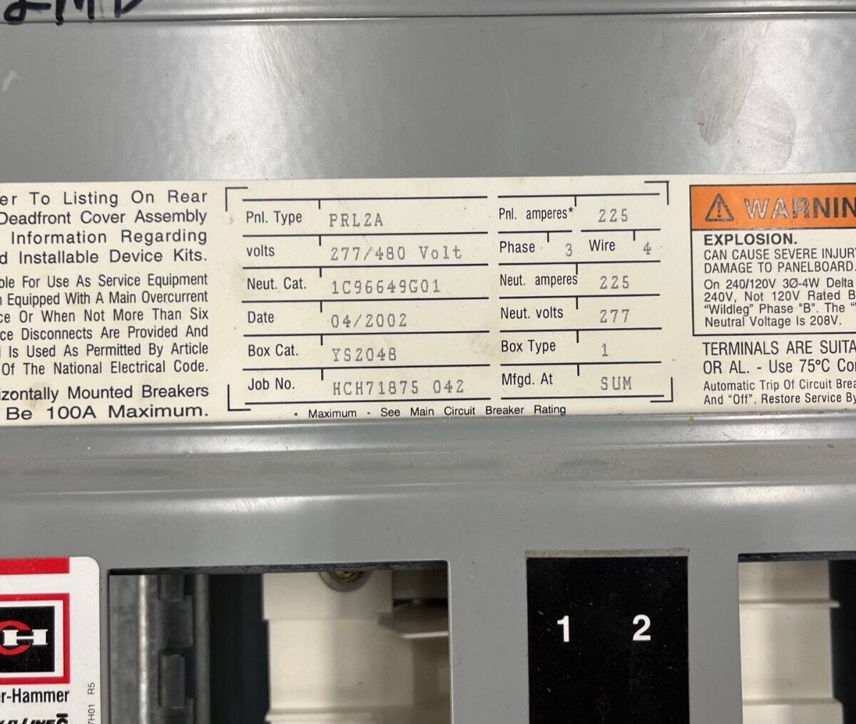 Eaton PRL2A Panelboard 225A 277/480V 3PH 4W Indoor Encl 42 Circuit MLO YS2048 P601 Used