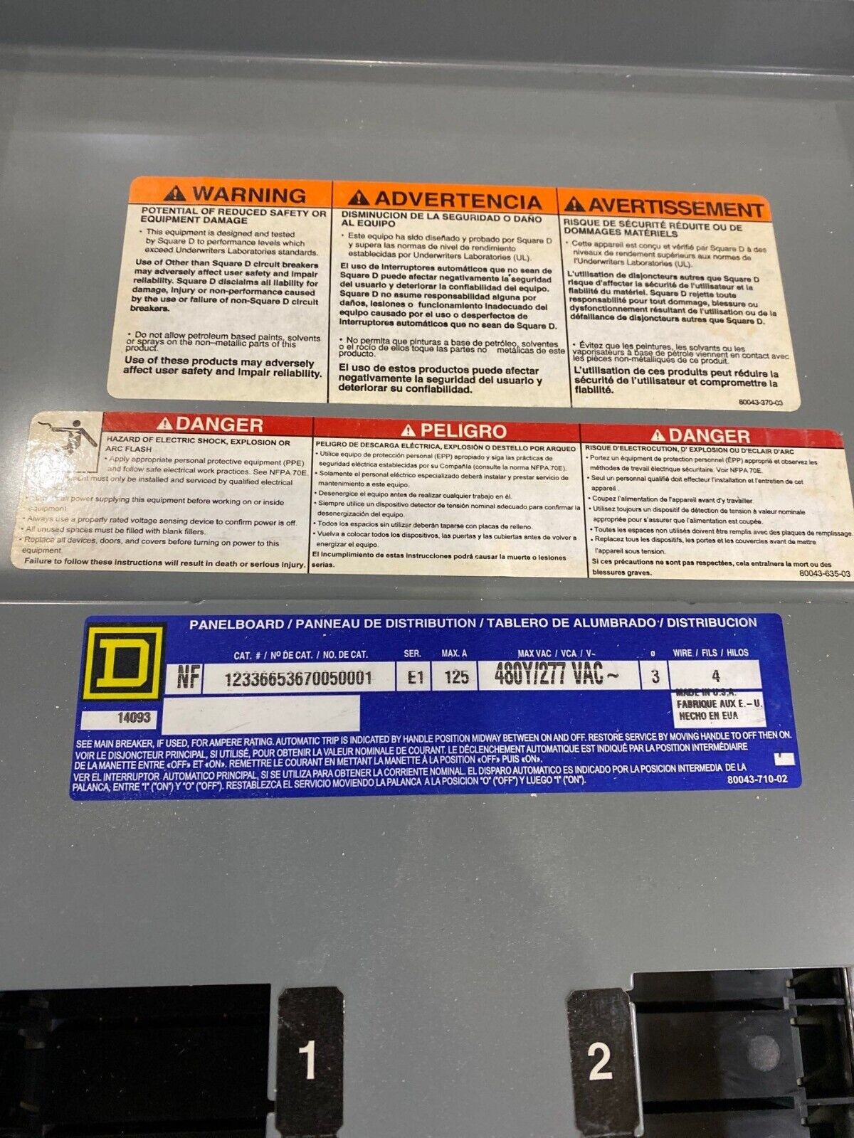 Square D NF Panelboard 125A 480Y/277V 3PH 4W 42 Cir Indoor Encl MLO 125 Amp MH38 P645 Used