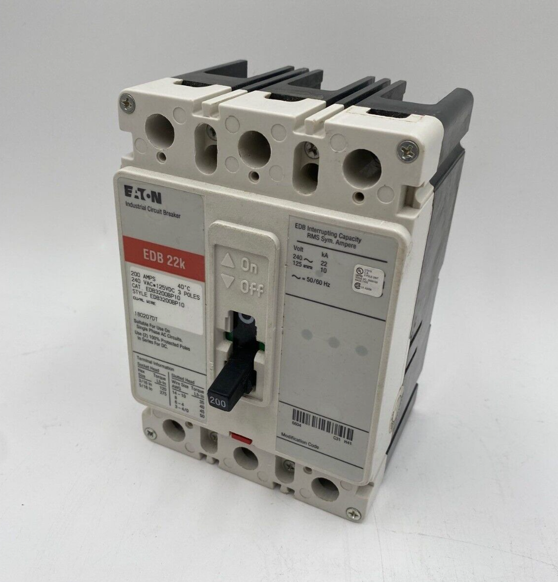 Eaton EDB3200BP10 Circuit Breaker 200A 3P 240V EDB 22k 200 Amp 3 Pole Used