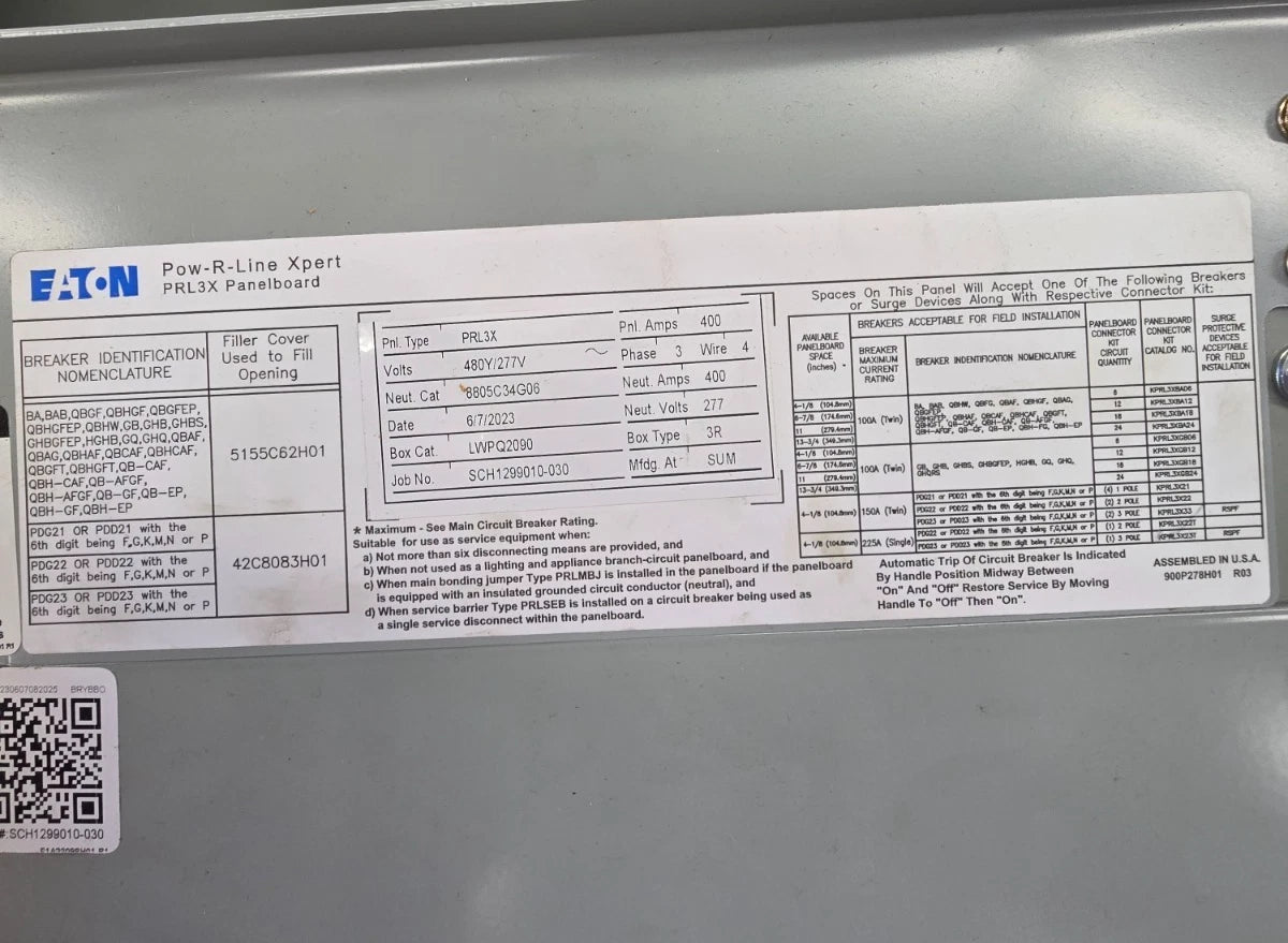 Eaton PRL3X Panelboard 400A 480/277V 3PH MCB Panel KD3400 Subfeed 350A 3R Encl Used