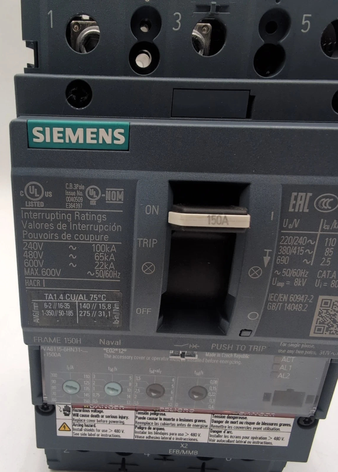 Siemens 3VA6115-6HN31-0AA0 Circuit Breaker 150A 3P 600V 3PH LSI Trip 150 Amp NEW New