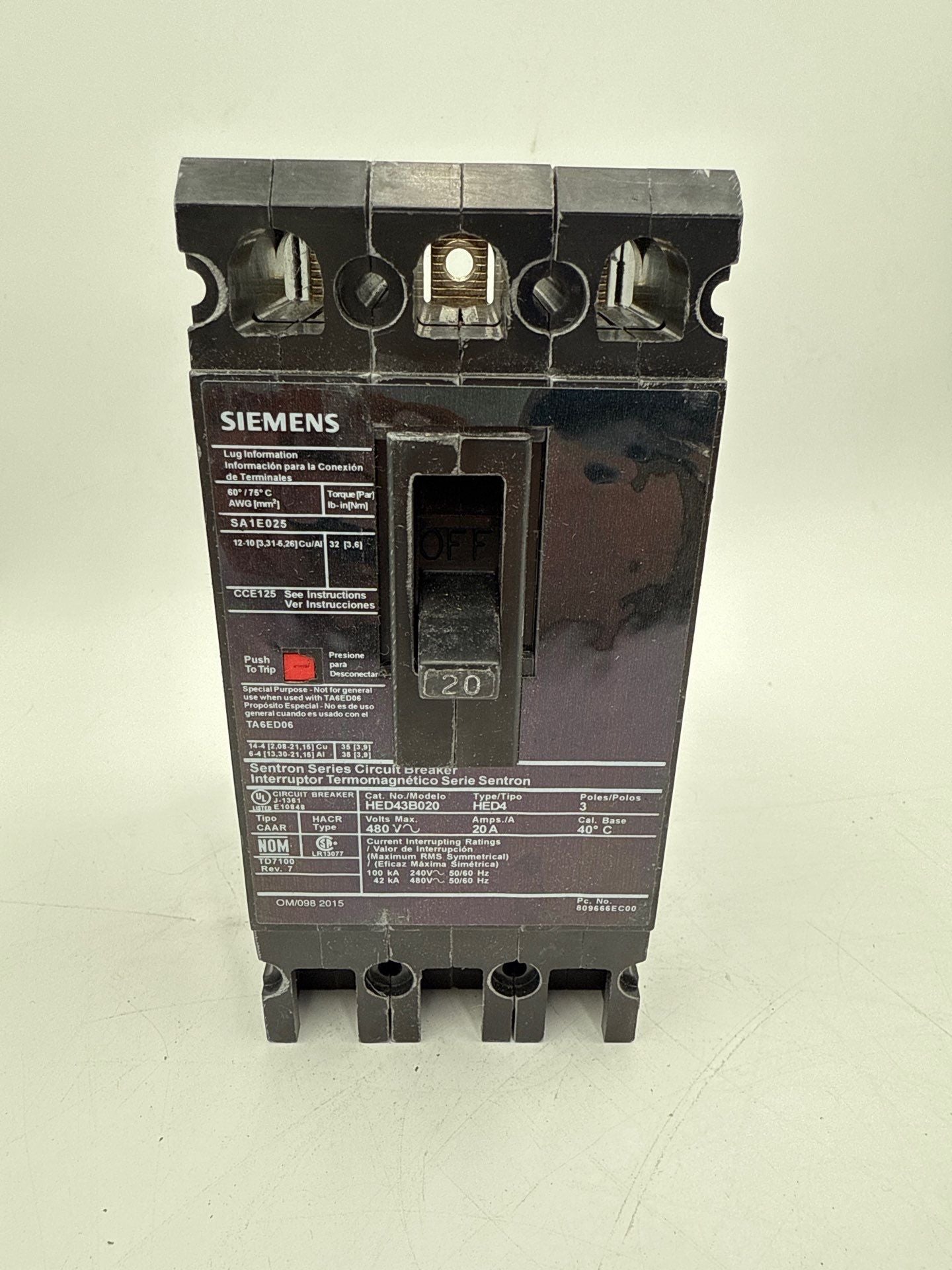 Siemens HED43B020 Circuit Breaker 20A 3P 480V 3PH HED4 20 Amp 3 Pole Black Used