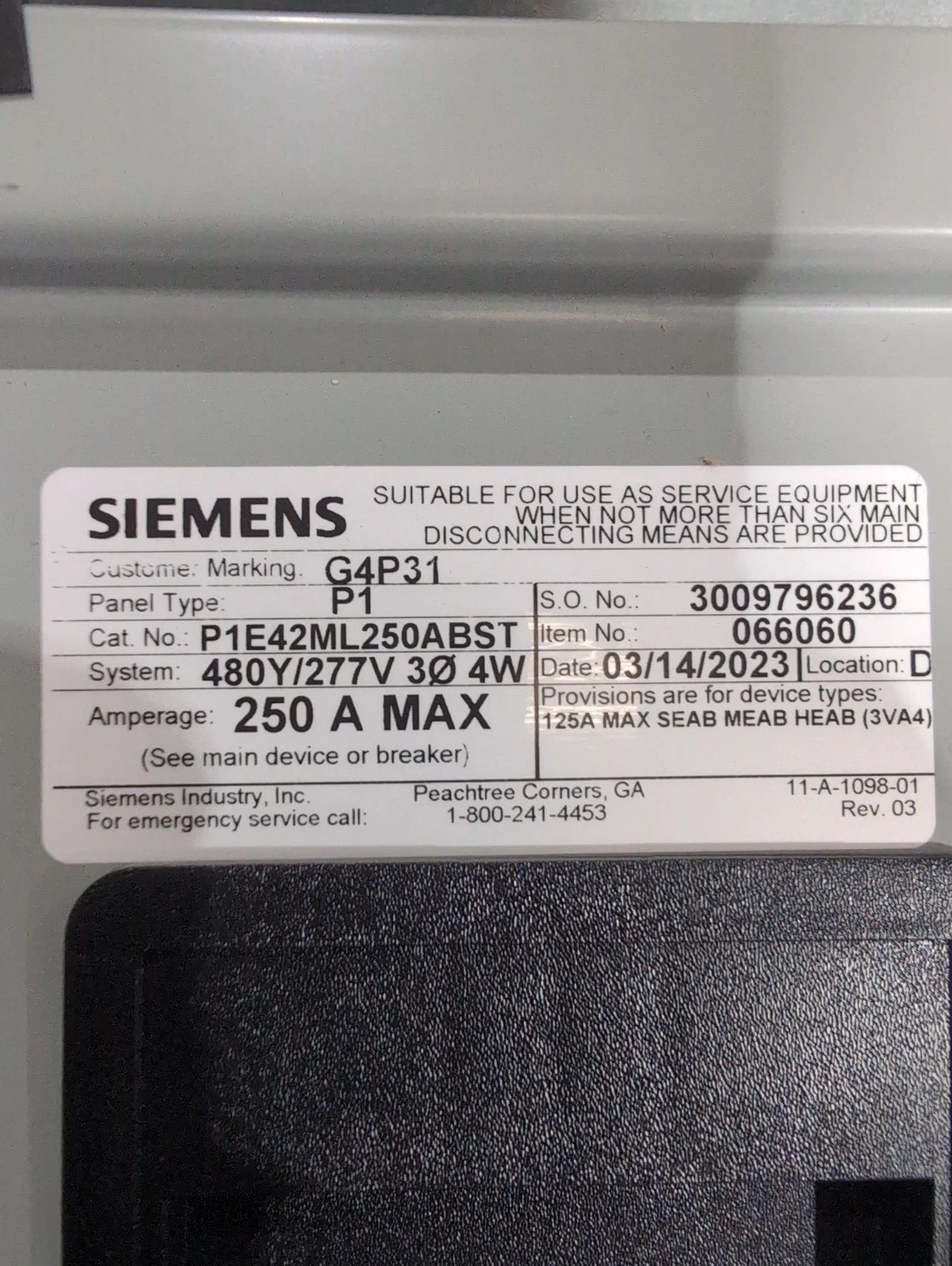 Siemens P1E42ML250ABST P1 Panelboard 250A 480/277V 3PH MLO Panel 250 Amp 42 Cir New