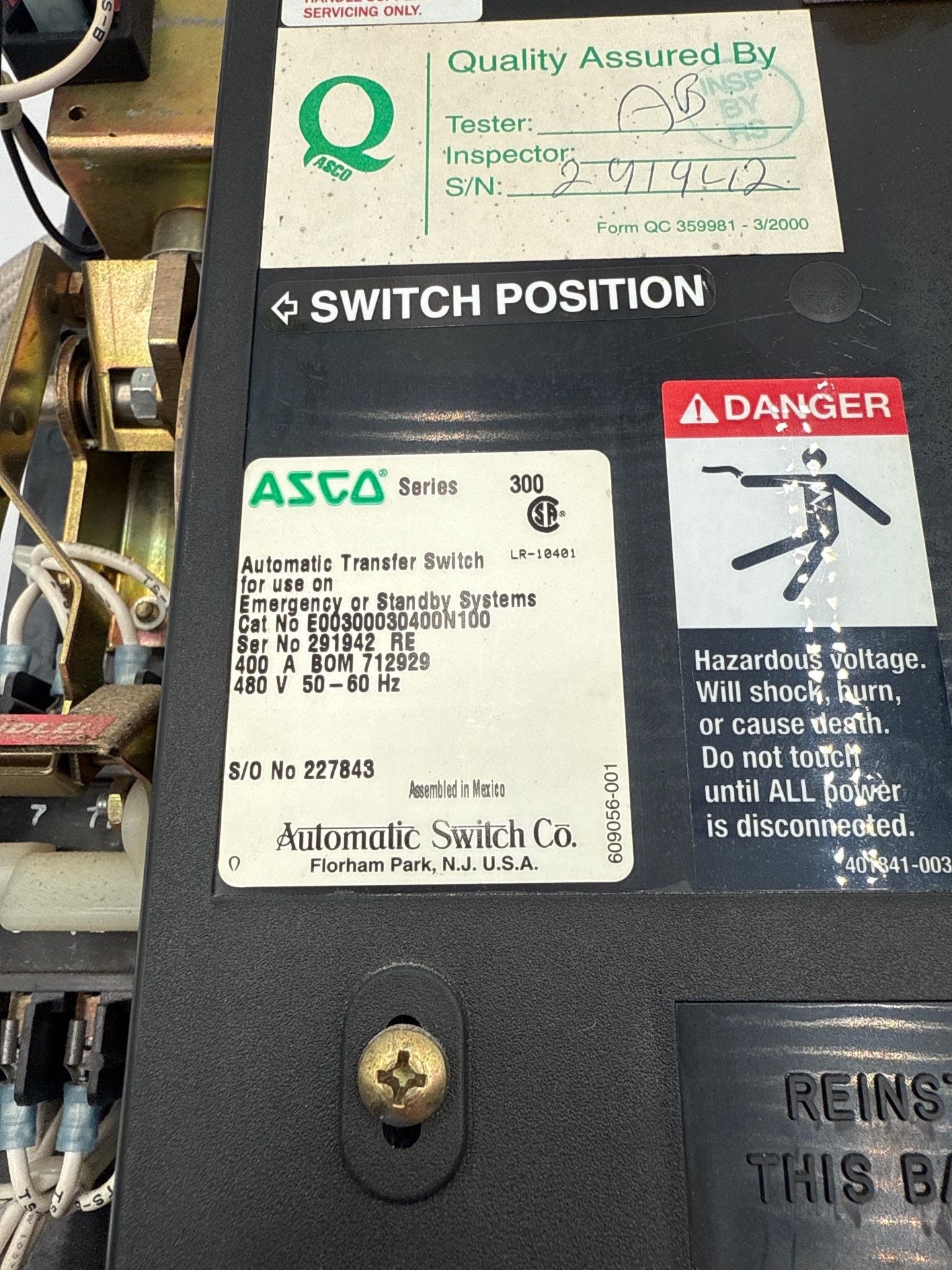 ASCO Series 300 Automatic Transfer Switch 400A 480V 50-60Hz E00300030400N100 Used