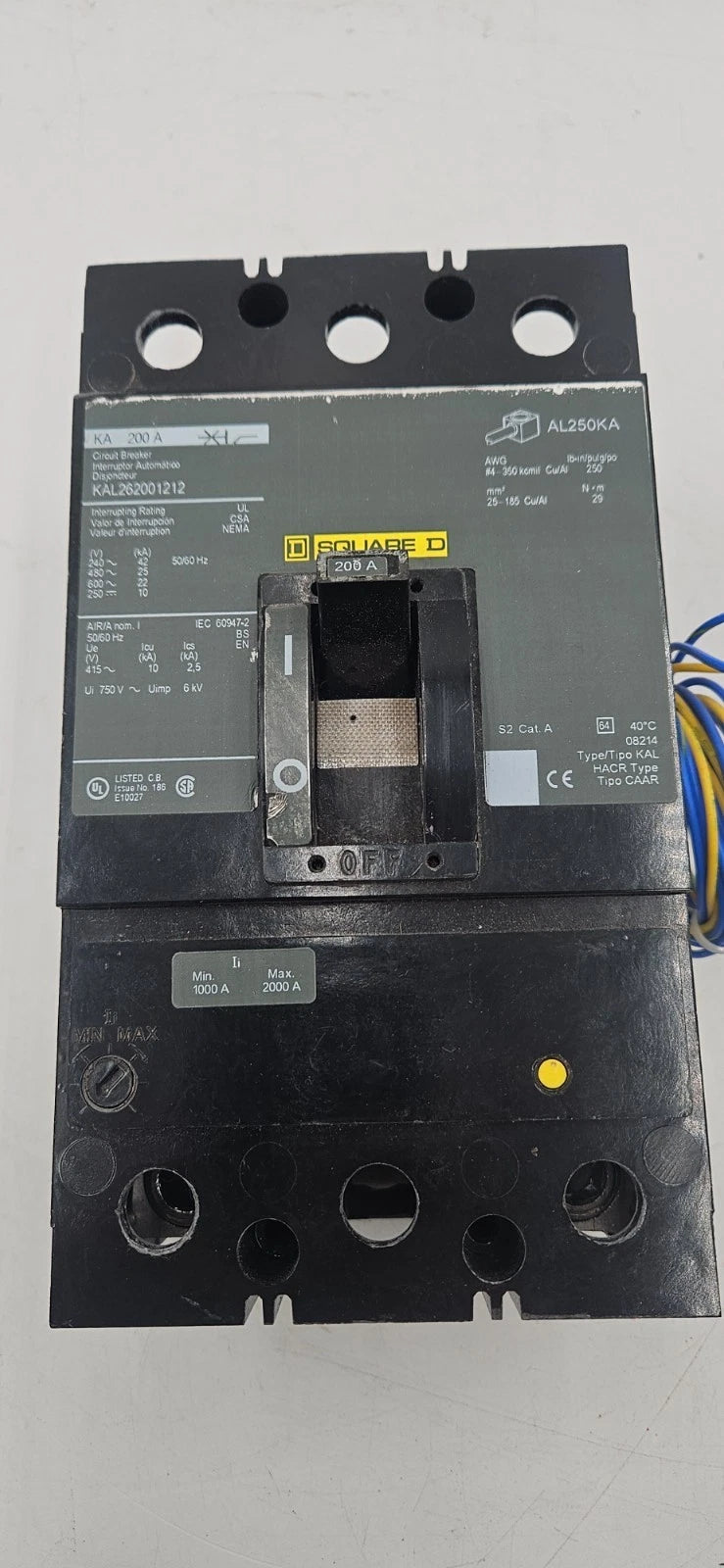 Square D KAL262001212 Circuit Breaker 200A 2P 600V KAL 200 Amp 2 Pole w/ AUX Used