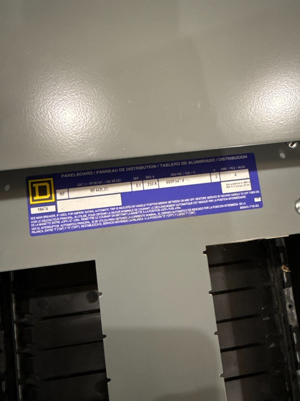 Square NF442L2C Panelboard 250A 600/347V 3PH 4W MLO Panel 250 Amp 42 Cir 3R Encl New