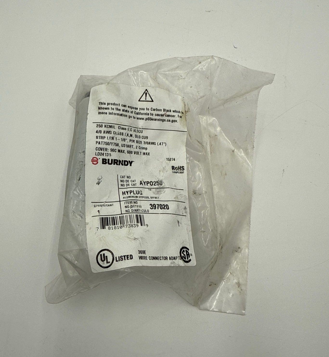 Burndy AYPO250 Offset Plug AYPO Aluminum Hyplug 250KCMIL 4/0 AWG New