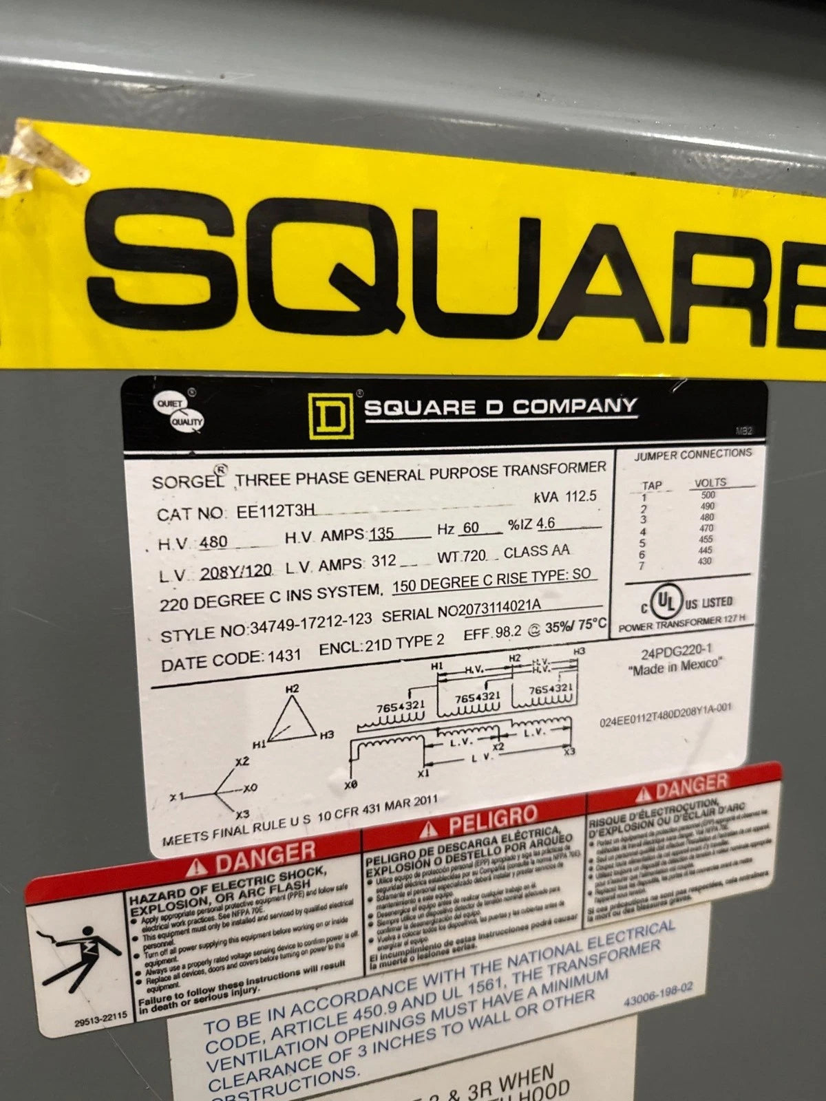 Square D 112.5KVA EE112T3H 3PH Transformer Pri 480V Sec 208Y/120V Indoor T283 Used